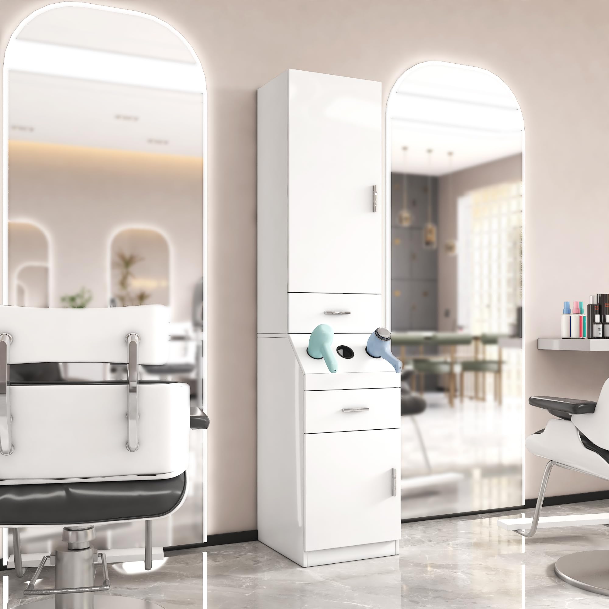 Professional Barber Station with 2-Tier Storage Shelf & 2 Drawers - Hair Styling Cabinet with Door, Large Storage & 3 Hot Tool Holders - Perfect for Salon, Home Hairdressing & Beauty Stations