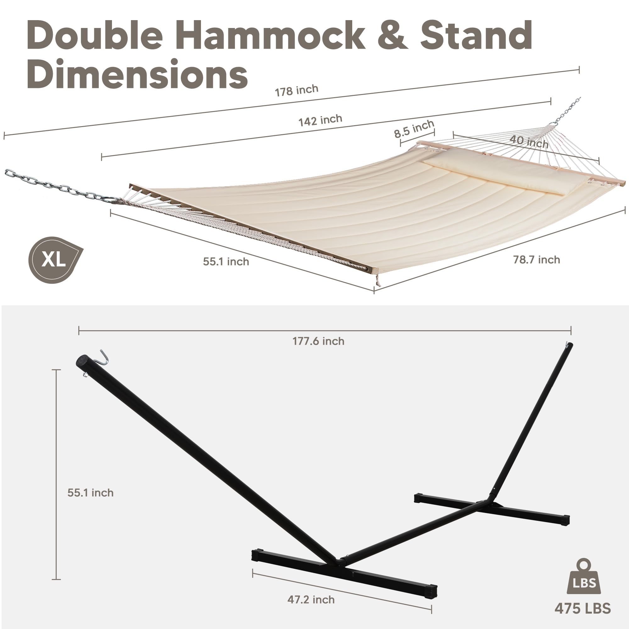 **SUNCREAT Double Outdoor Hammock with 15 ft Stand – Heavy Duty Patio Hammock for Backyard, Garden, or Beach – Beige – Perfect for Relaxing, Lounging, and Sunbathing**