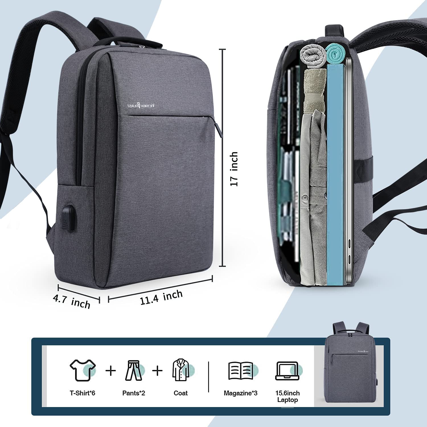 Victoriatourist 15.6 Inch Laptop Backpack - Slim Durable Business & Travel Backpack with USB Charging Port, College Computer Bag for Men & Women - Fits Most Notebooks (Grey) - Perfect for Work, School & Daily Commute