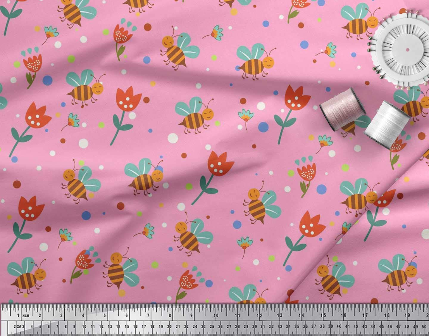 Soimoi Pink Poly Georgette Fabric - Floral Honey Bee Print for Dresses & Crafts