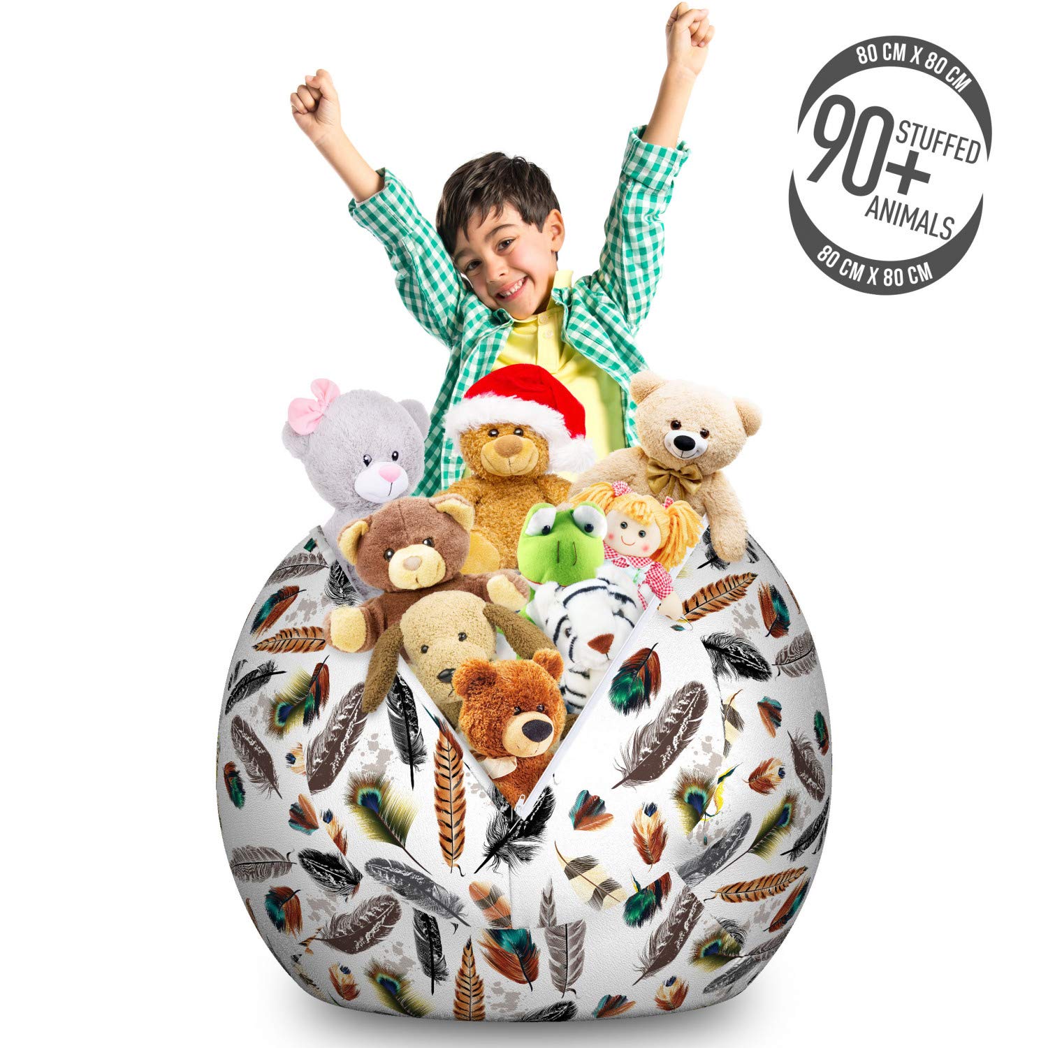 Ambesonne Feathers Storage Toy Bag Chair - Large Washable Stuffed Animal Organizer with Vivid Grey Splashes Print | Perfect for Kids' Room, Playroom & Nursery Organization