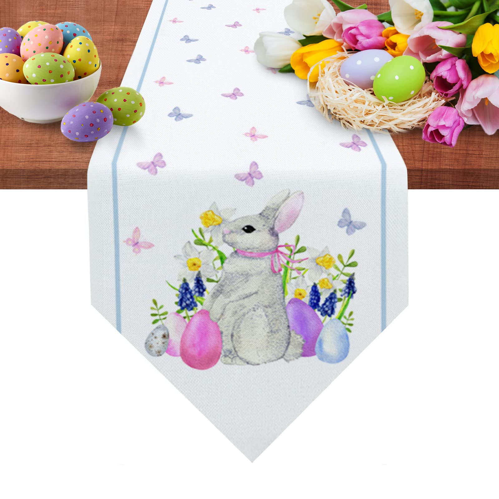 Easter Table Runner - Blue Stripes Spring Floral Bunny Eggs Design - 13x108 Inch Decorative Table Scarf for Easter Day, Spring Dinner, Home Kitchen & Dining Room Decor - Perfect for Easter Party Supplies & Holiday Table Settings