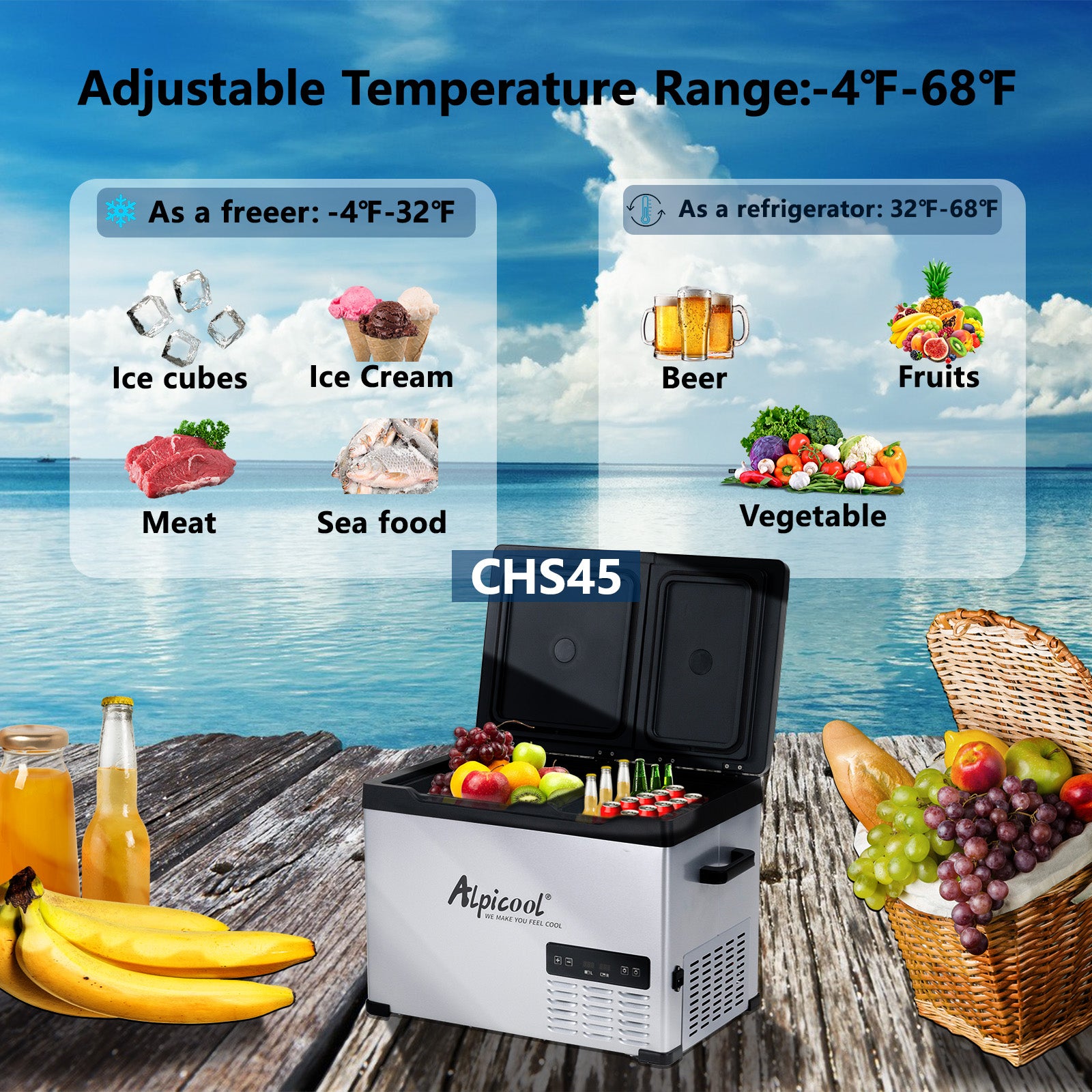 Alpicool CHS45 12V/24V Portable Car Refrigerator - 45L Dual Zone Camping Fridge Freezer for Road Trips, RV, Outdoor Adventures & Home Use