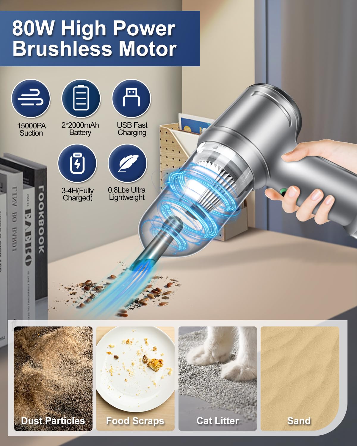 **15000PA Cordless Car Vacuum Cleaner - Powerful Handheld Vacuum with Brushless Motor, USB-C Fast Charging, 4-in-1 Air Blower & Inflator - Perfect for Car Detailing, Home Cleaning & Office Use**