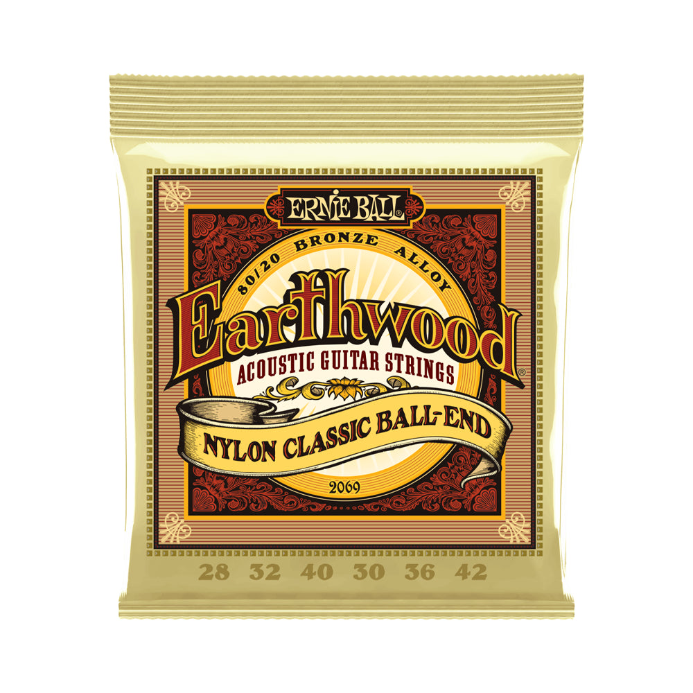 Ernie Ball Earthwood 80/20 Bronze Folk Nylon Classic Ball End Guitar Strings - .028 .042 Gauge - Perfect for Acoustic & Classical Guitars, Ideal for Fingerstyle & Folk Music