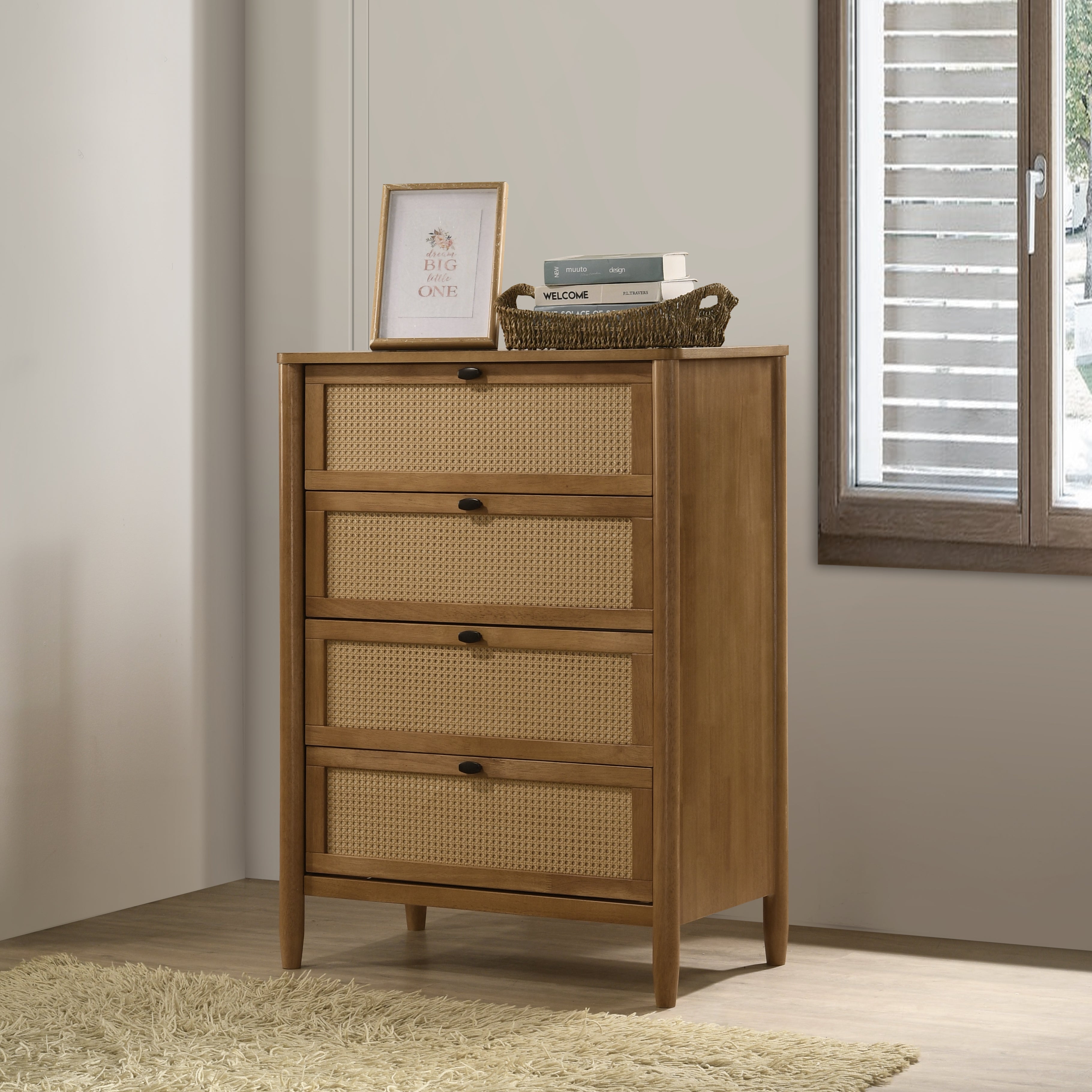 Roundhill Furniture Vichy 5-Piece Rubberwood Bedroom Set with Upholstered Queen Bed, Dresser, Mirror, Nightstand & Chest - Complete Bedroom Furniture for Master Bedroom, Guest Room or Apartment