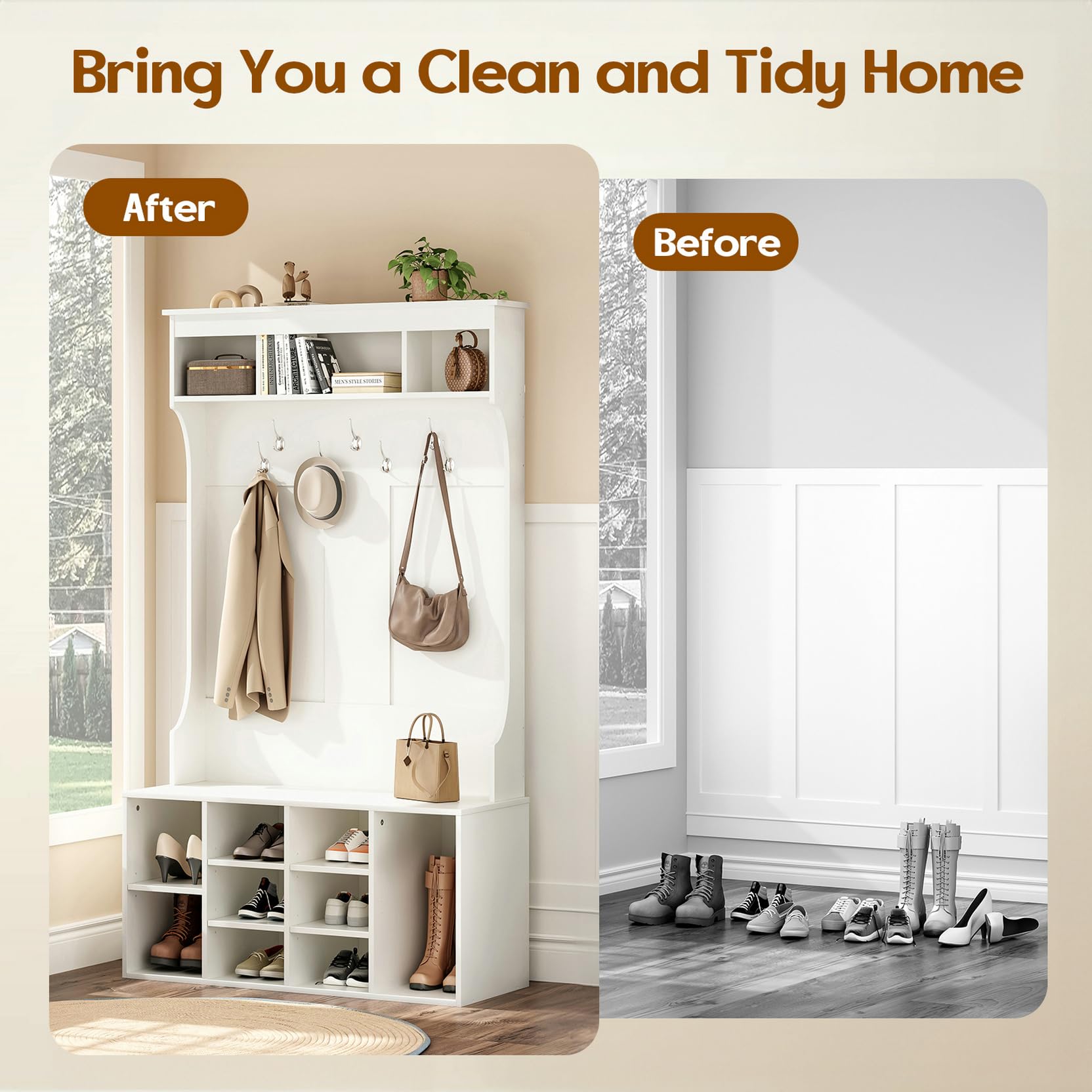 Soohow 70.9 Inches Freestanding Entryway Hall Tree with Bench, 7 Coat Hooks & Shoe Storage - Adjustable Mudroom Organizer for Entryway, Foyer or Laundry Room Organization