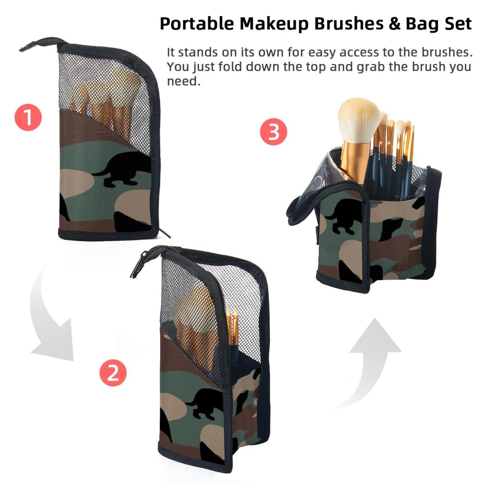12-Piece Makeup Brush Organizer Bag - Portable Camouflage Dachshund Dog Design Brush Holder Case for Travel & Home Storage