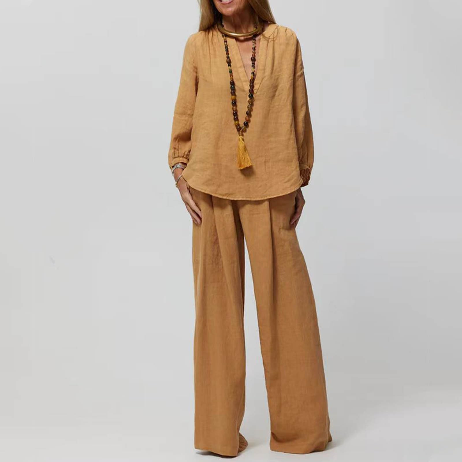 Women's Casual 2-Piece Outfit - Soft Cotton Linen Lounge Set with Long Sleeve V-Neck Pullover & Wide Leg Pants | Comfortable Oversized Loungewear for Home, Travel & Relaxation