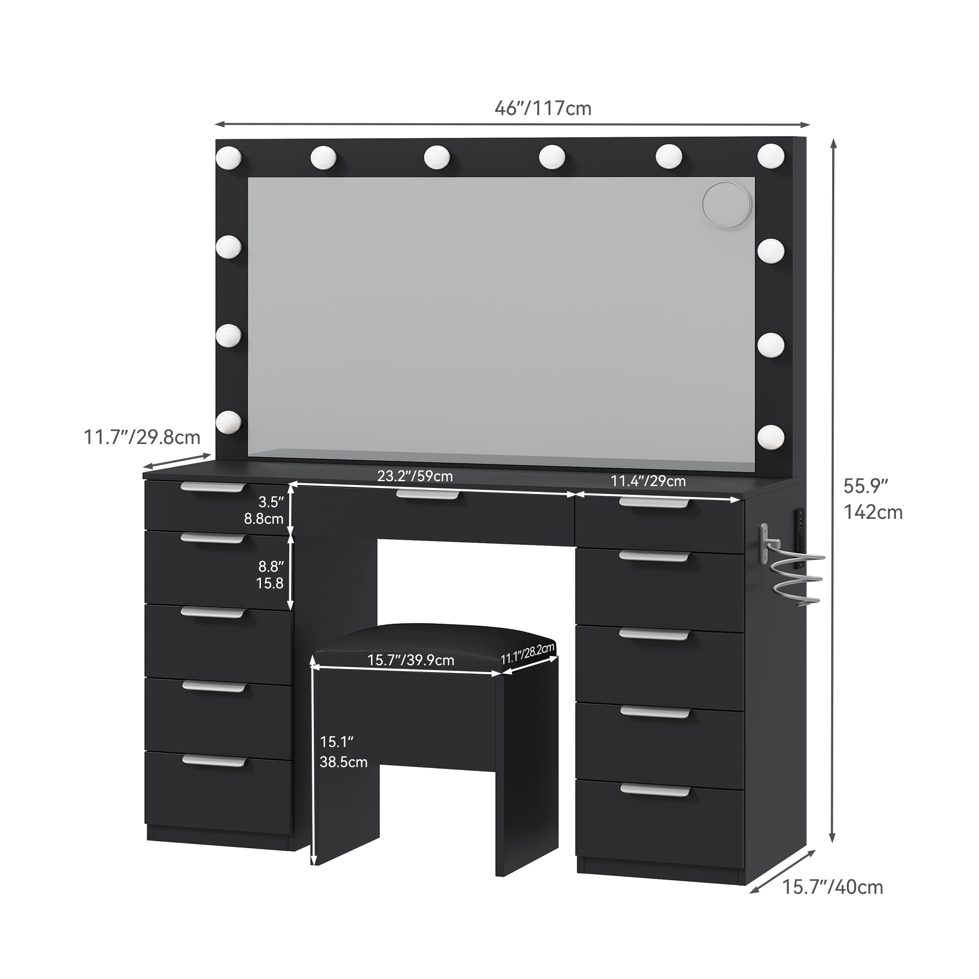 YITAHOME Makeup Vanity Desk Set with Large Mirror & 3-Mode LED Bulbs, USB Charging Station, 11 Storage Drawers and Stool - Perfect for Bedroom, Dressing Room & Beauty Salon