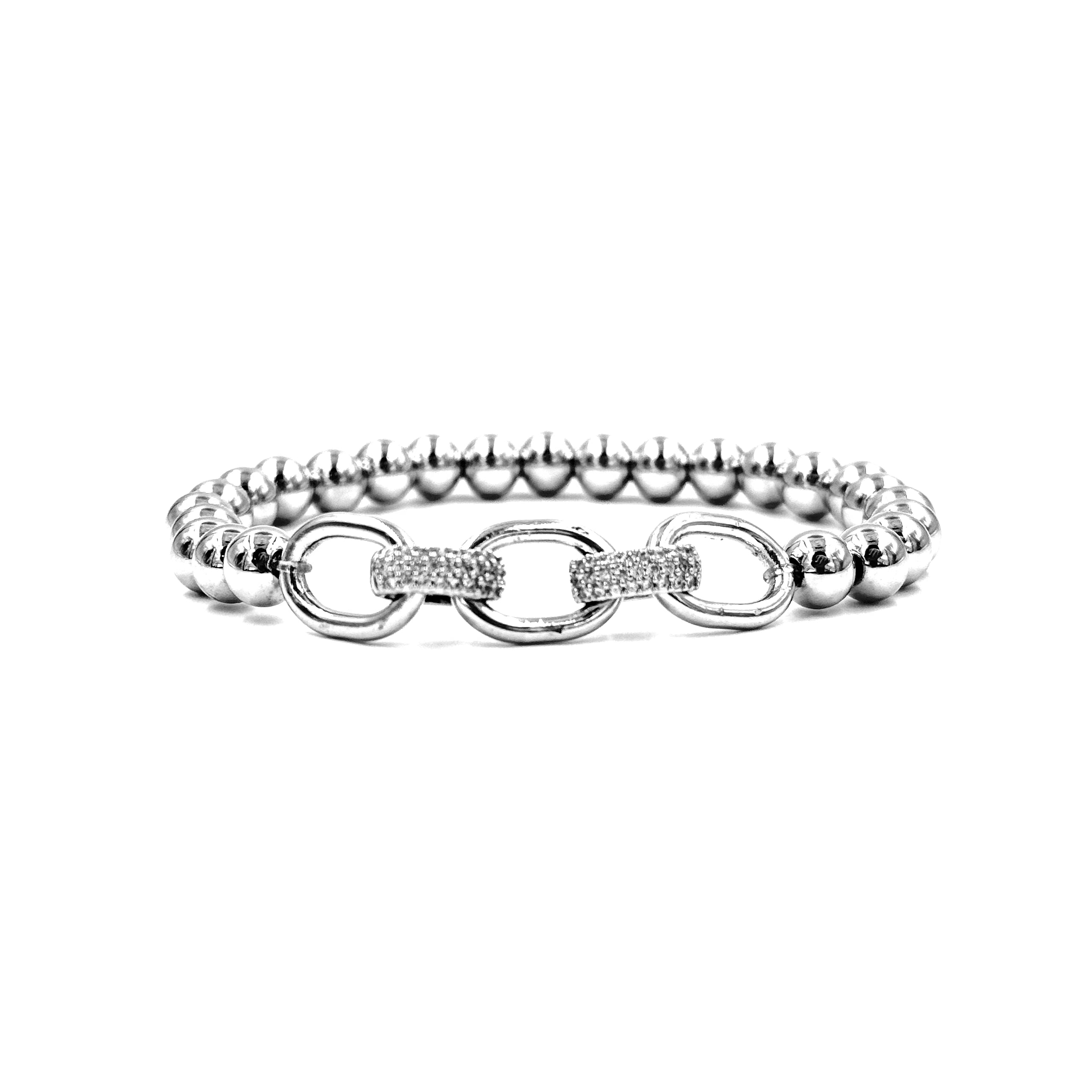 Ashley Gold Stainless Steel 2 CZ Circle Link Chain Beaded Stretch Bracelet for Women - Elegant Jewelry Gift for Birthday, Anniversary & Special Occasions