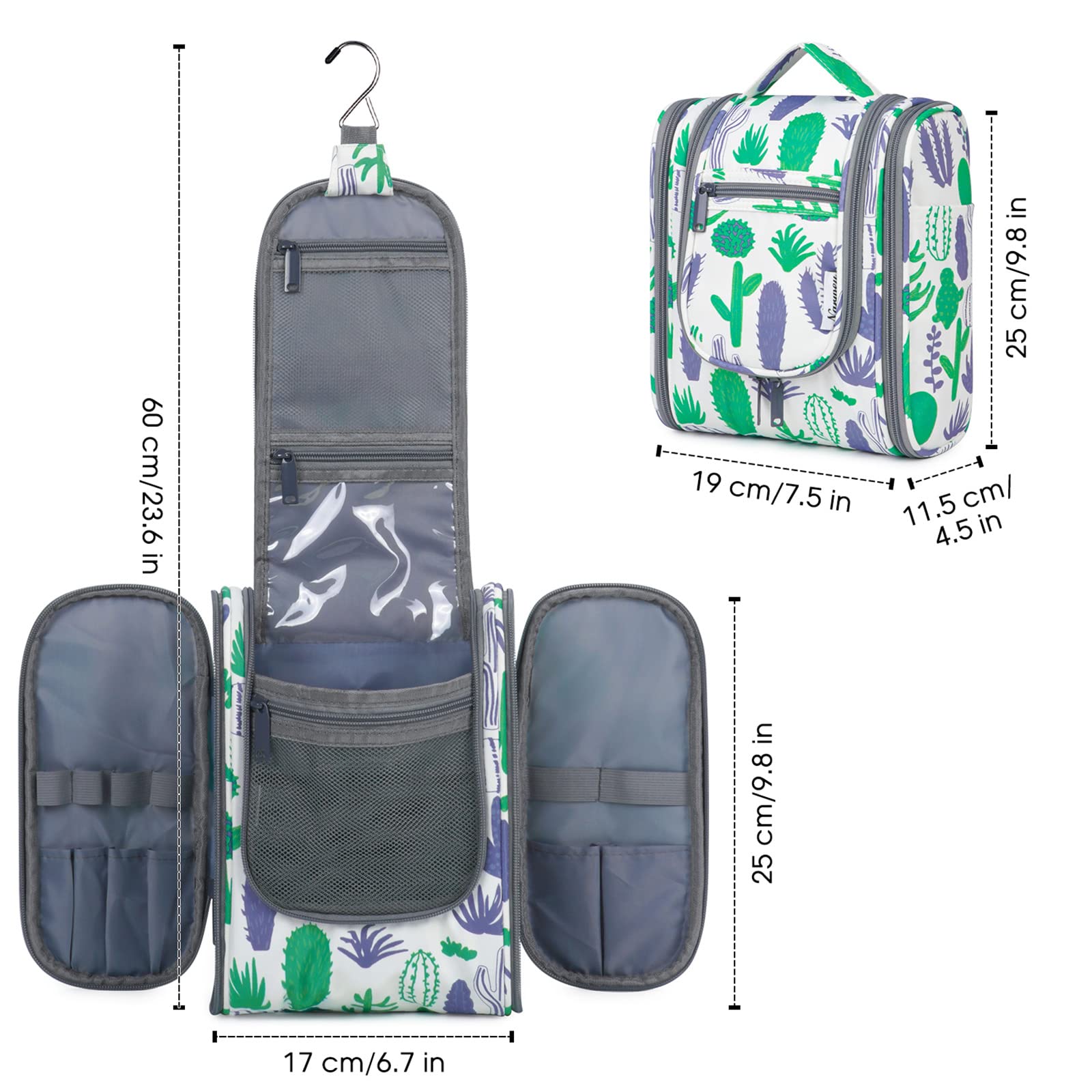 Narwey Hanging Toiletry Bag for Women - Travel Makeup Organizer with Multiple Pockets, Perfect for Cosmetics & Essentials (Medium, Green Cactus) - Ideal for Air Travel, Camping & Gym Use