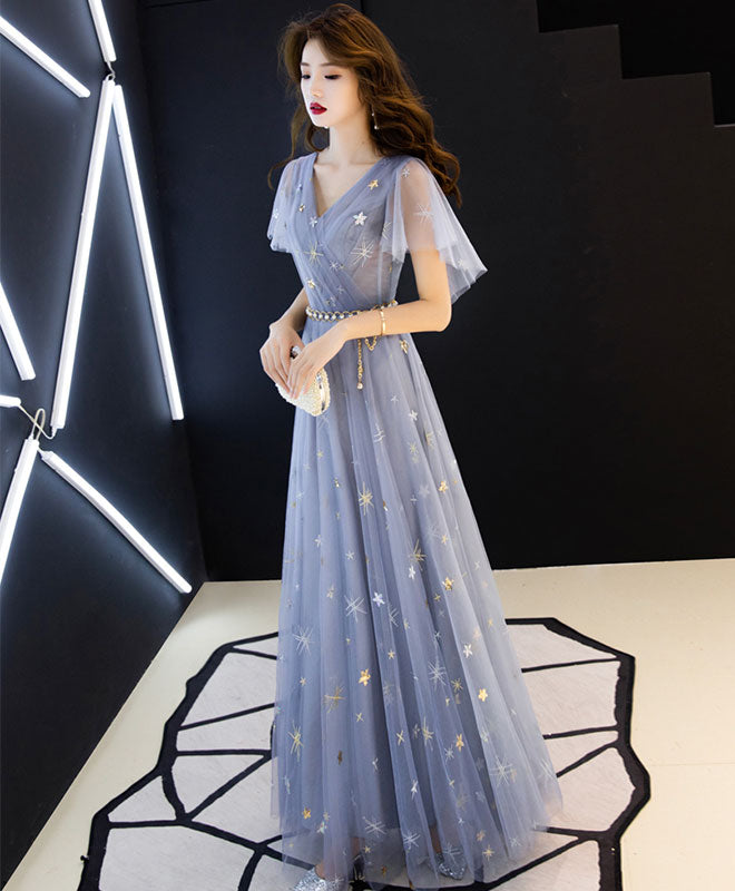 Elegant Blue A-Line Tulle Long Prom Dress & Bridesmaid Gown - Perfect for Formal Dances, Weddings, and Special Occasions