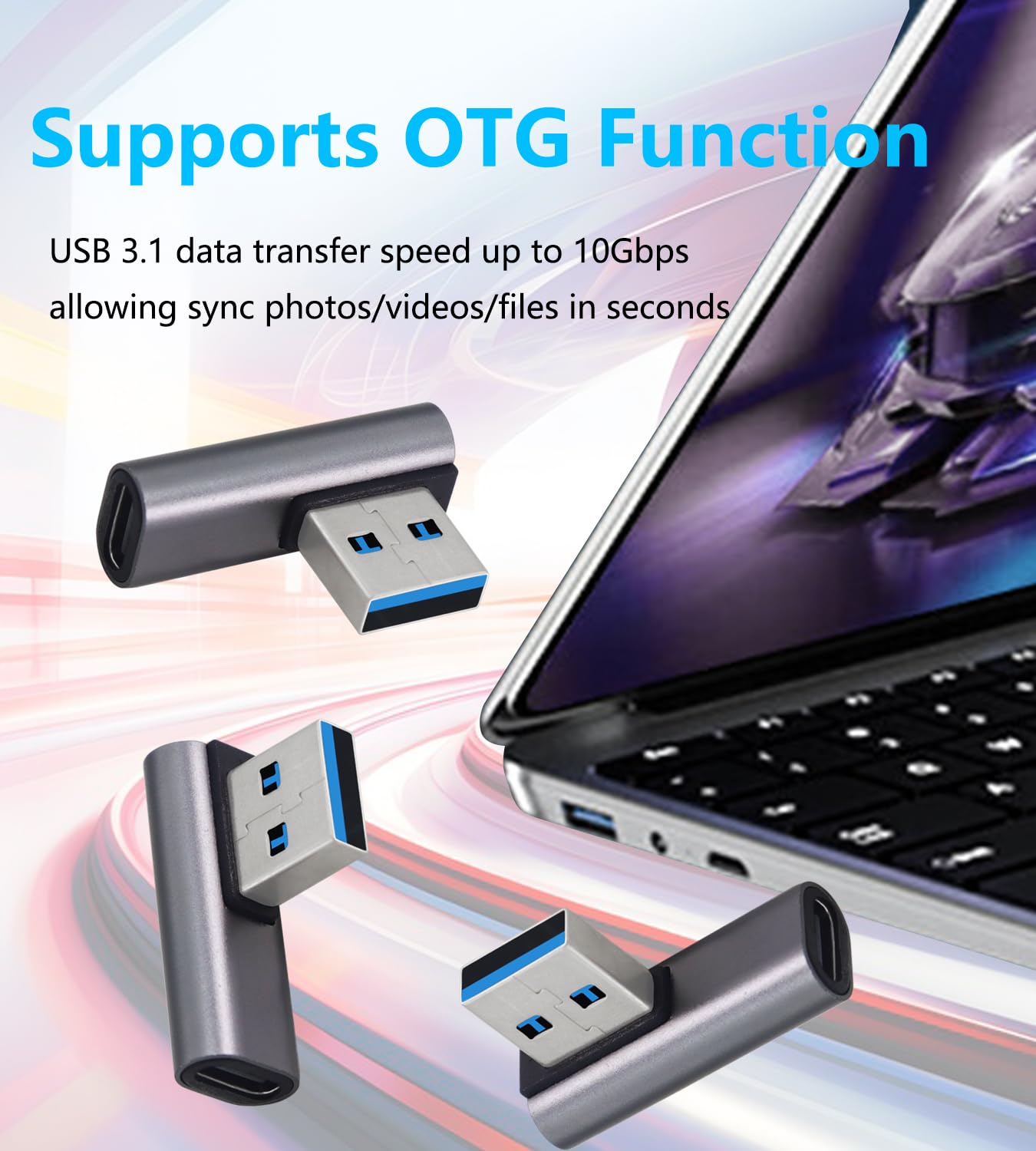 10Gbps USB 3.1 to USB C Adapter 90 Degree - 3 Pack OTG Data Transfer Converter for Laptop, Tablet, Smartphone - Fast Charging & File Sync (Silver USB A Male to Type C Female) - Perfect for Office, Travel & Home Use