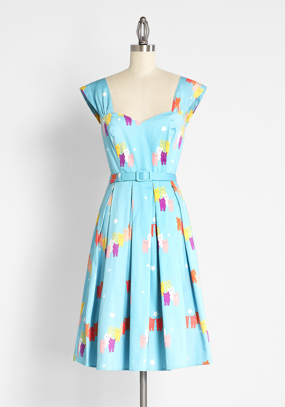Modcloth X Collectif Women's Vintage-Inspired Swing Dress with Cosmic Cat Print - Perfect for Retro Parties & Casual Outings