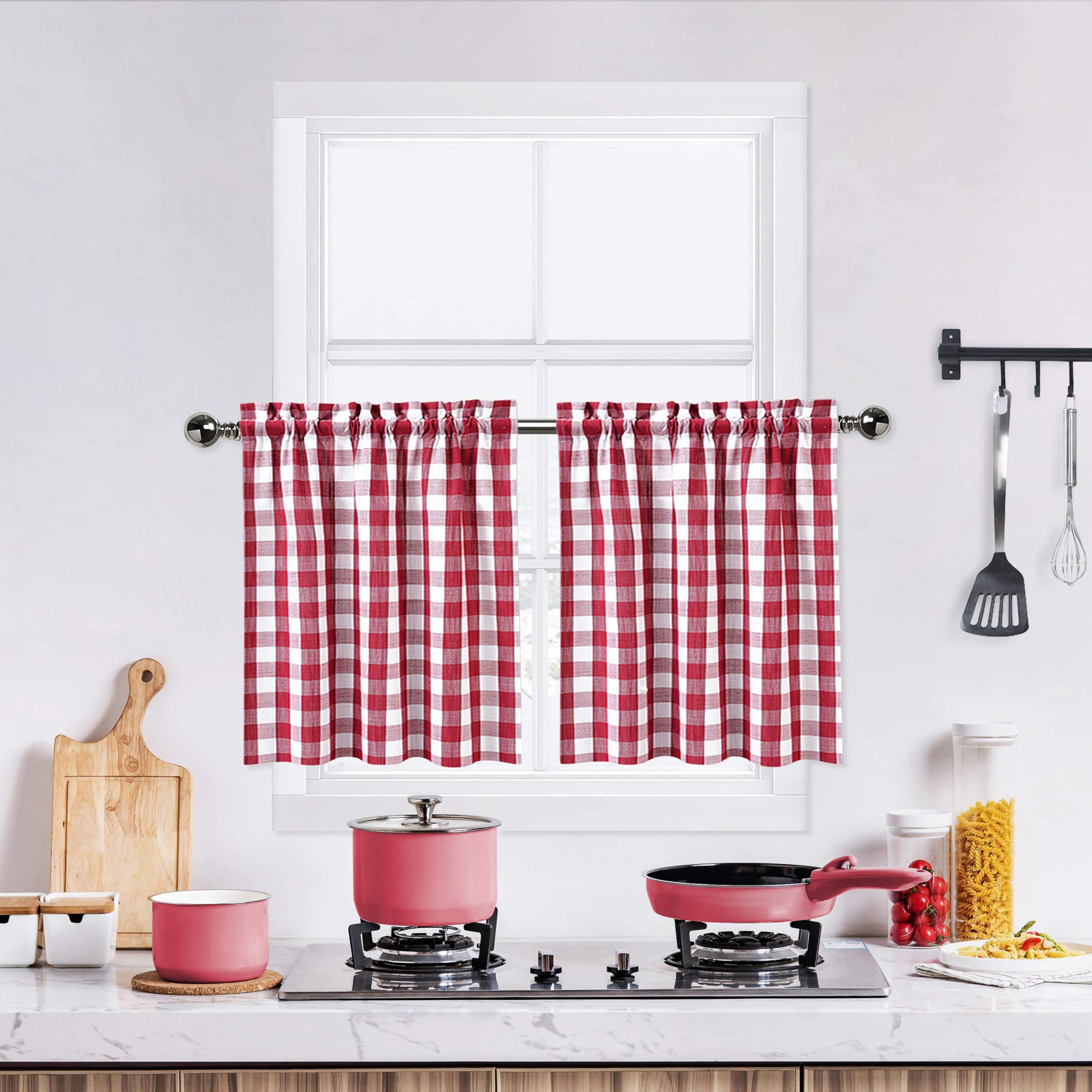 Red and White Buffalo Plaid Kitchen Curtains 28