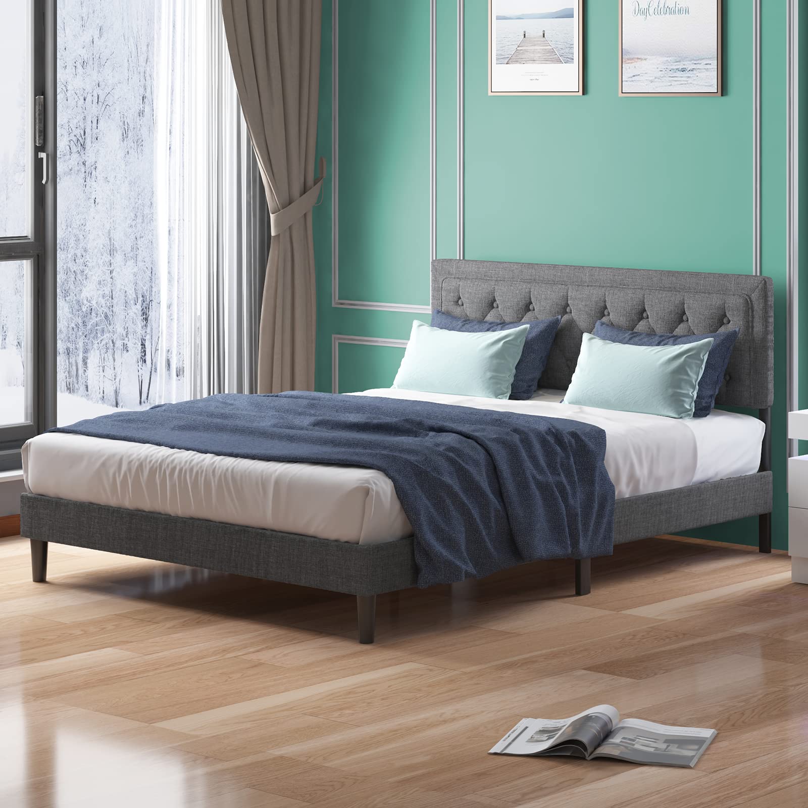 Mjkone Queen Size Bed Frame with Adjustable Headboard - Dark Grey Upholstered Platform Bed, No Box Spring Needed, Modern Tufted Design for Bedroom & Apartment | Perfect for Small Spaces, Guest Rooms & Master Bedrooms