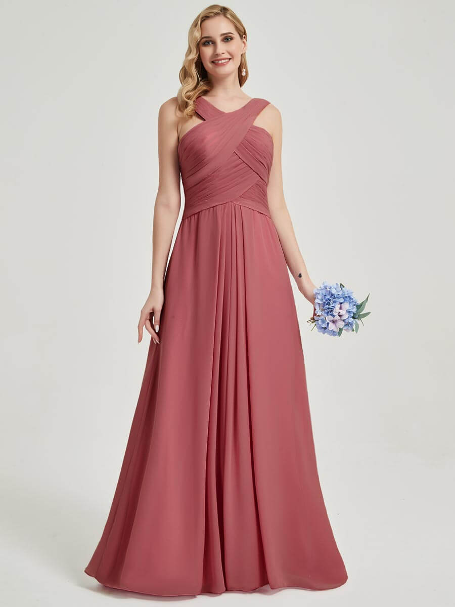 Elegant A-Line Floor Length Chiffon Bridesmaid Dress with Desert Rose Cross Neckline - Perfect for Weddings, Formal Events & Special Occasions