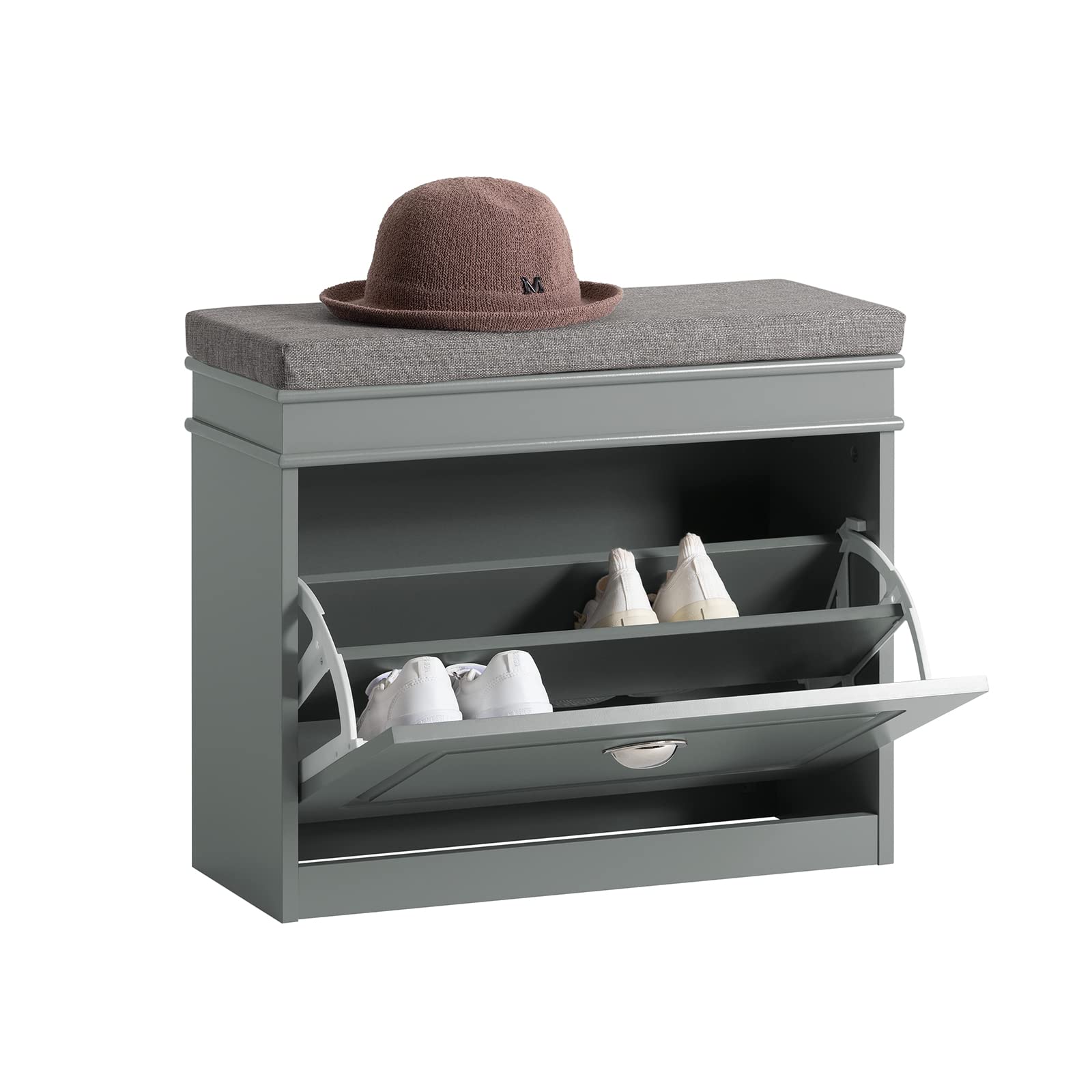 SoBuy FSR82-K-HG Shoe Cabinet with Flip-Drawer & Seat Cushion - Grey Hallway Shoe Bench, Shoe Rack & Storage Organizer - Perfect for Entryway, Mudroom, or Bedroom Closet Organization