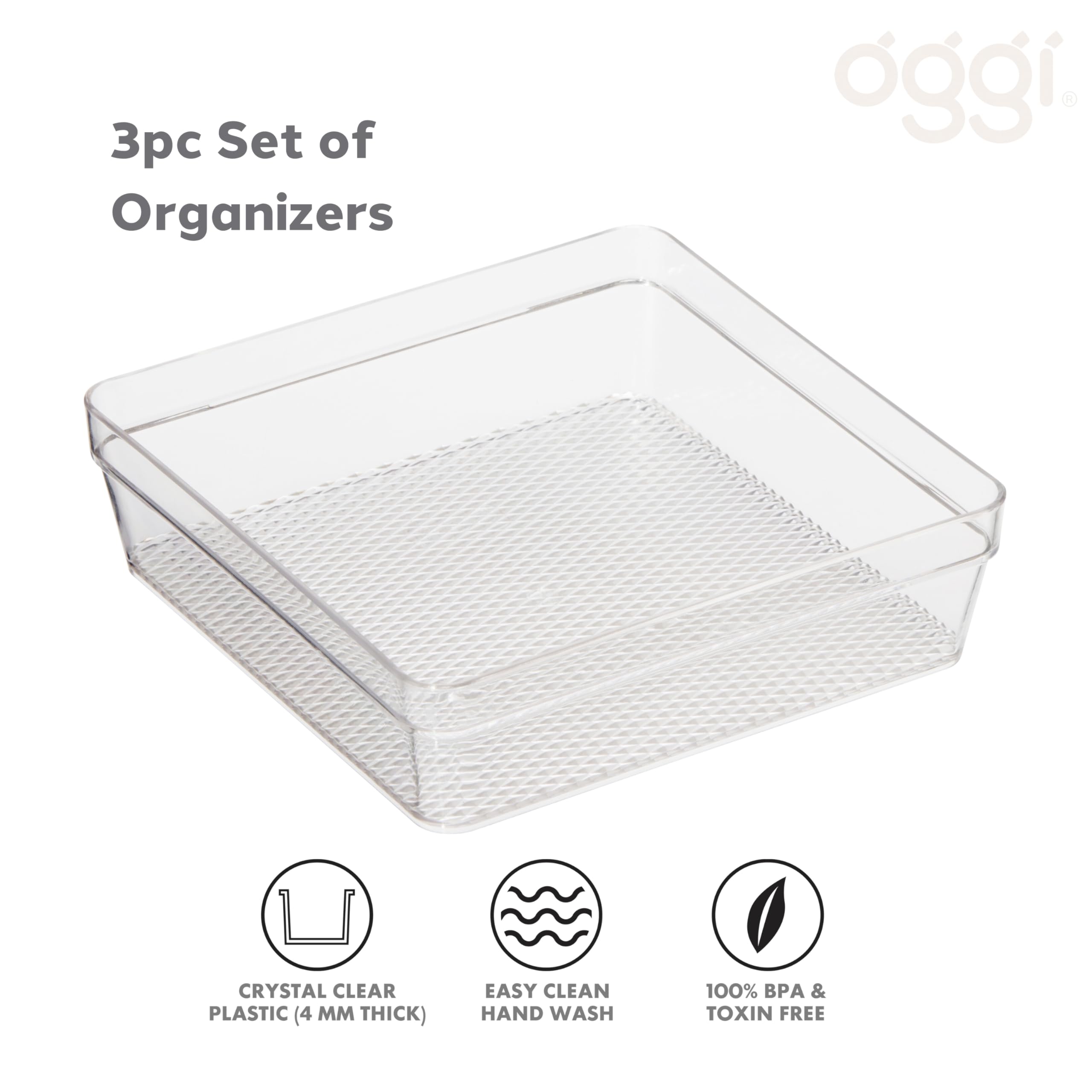 Oggi 3-Piece Clear Plastic Drawer Organizer Set - 6x6.25, 6.25x9.25 & 6.25x15.75 Inches - Kitchen Drawer Organizers for Utensils, Office Supplies, Makeup & Bathroom Storage - Perfect for Home, Office & Dorm Organization