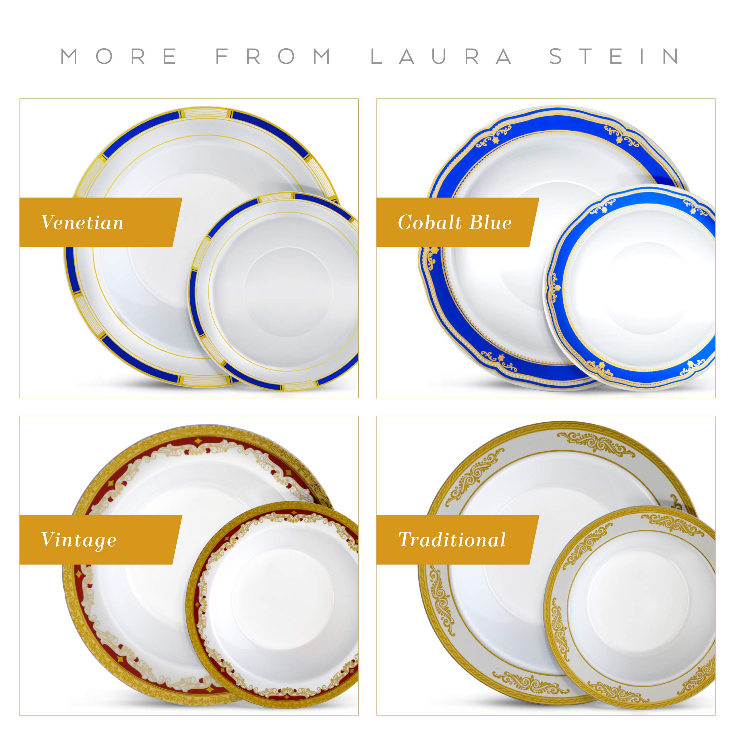 Laura Stein Elegant Disposable Dinnerware Set - 32-Piece Plastic Party Bowls for Weddings & Events - 16 White Soup Bowls (12 oz) & 16 Dessert Bowls (5 oz) with Blue Rim & Rose Gold Accents - Perfect for Wedding Receptions, Bridal Showers, Birthday Parties & Formal Gatherings
