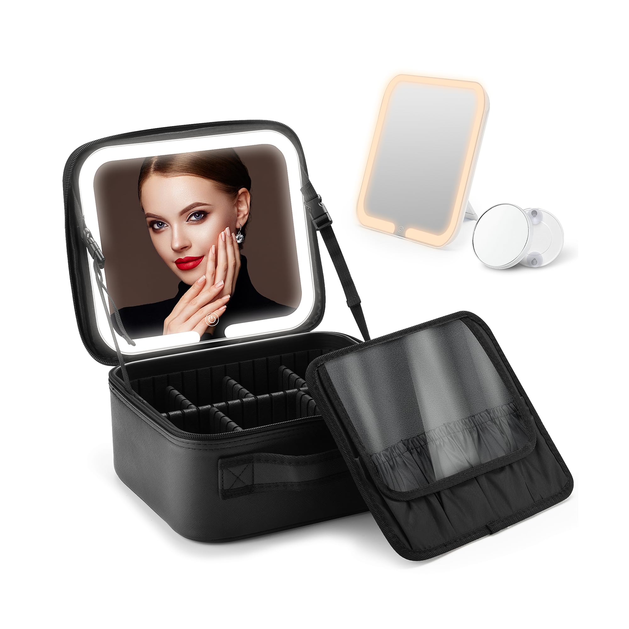 LED Makeup Bag with Mirror - 3 Adjustable Lights & Dividers for Travel & Home