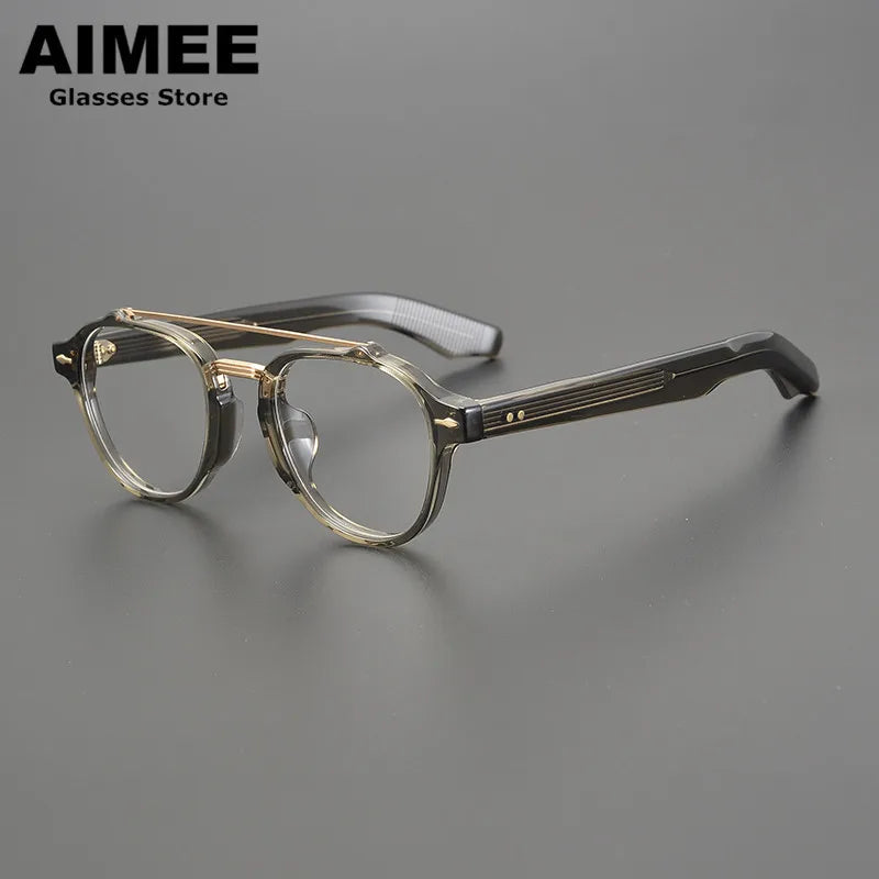 Aimee Unisex Full Rim Round Double Bridge Acetate Titanium Eyeglasses Frame 6818 - Lightweight & Durable Glasses for Work, Reading & Fashion