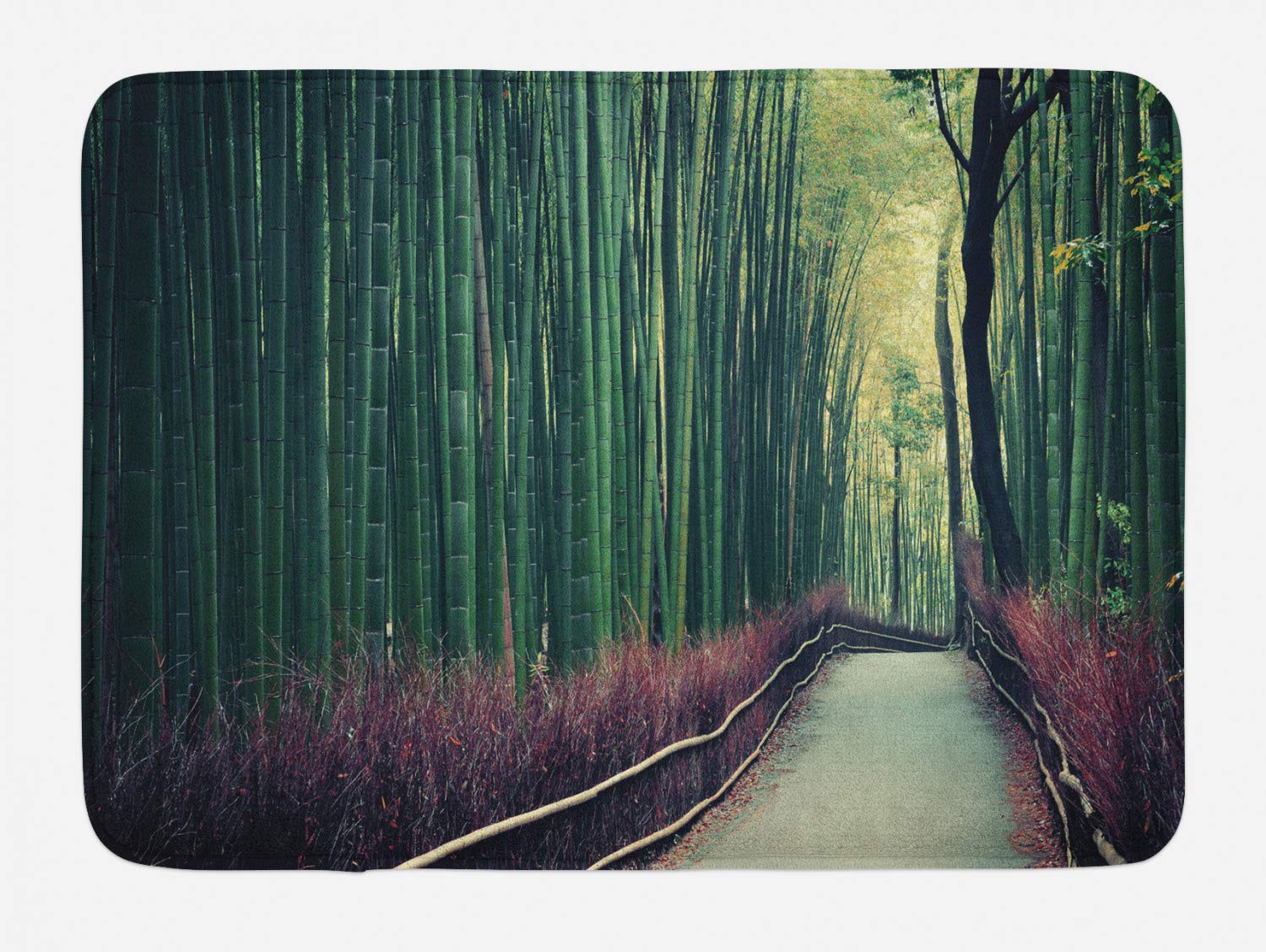 Ambesonne Non-Slip Travel Bath Mat - Exotic Jungle Scenery of Arashiyama Kyoto Japan Nature Landscape Print, Plush Bathroom Decor Mat, 30.2 x 20 Inches, Hunter Green & Umber - Perfect for Bathrooms, Yoga Studios, and Spa Decor