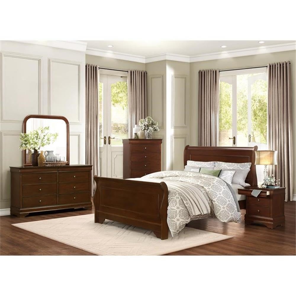 Pemberly Row Queen Size Sleigh Bed with Footboard - Solid Wood Cherry Finish - Easy Assembly Bed Frame - Perfect for Master Bedrooms & Guest Rooms