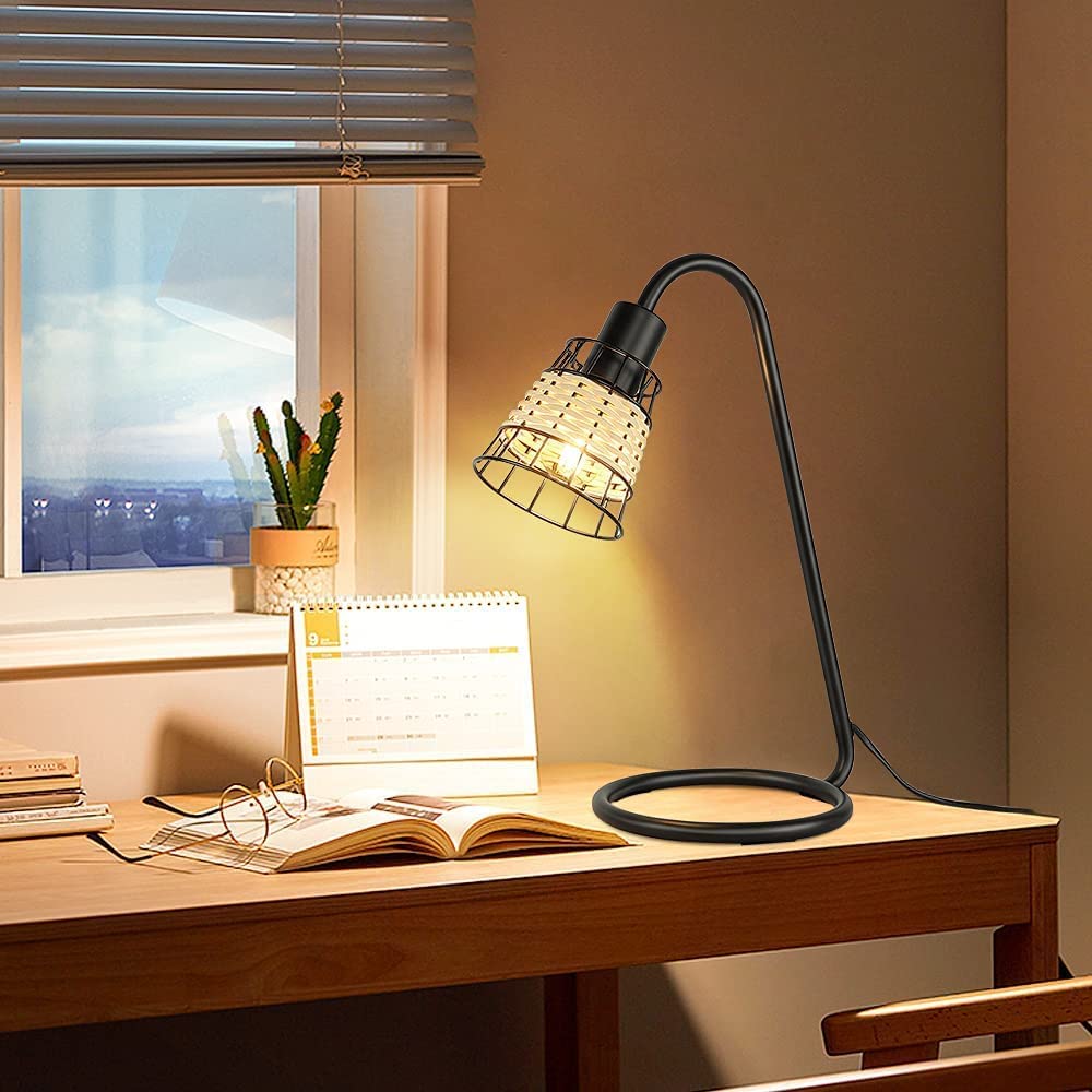 Modern LED Desk Lamp with Rattan Shade - Black Metal Industrial Table Lamp for Bedroom, Living Room, Office & Study | Adjustable Nightstand Lighting for Reading & Workspace