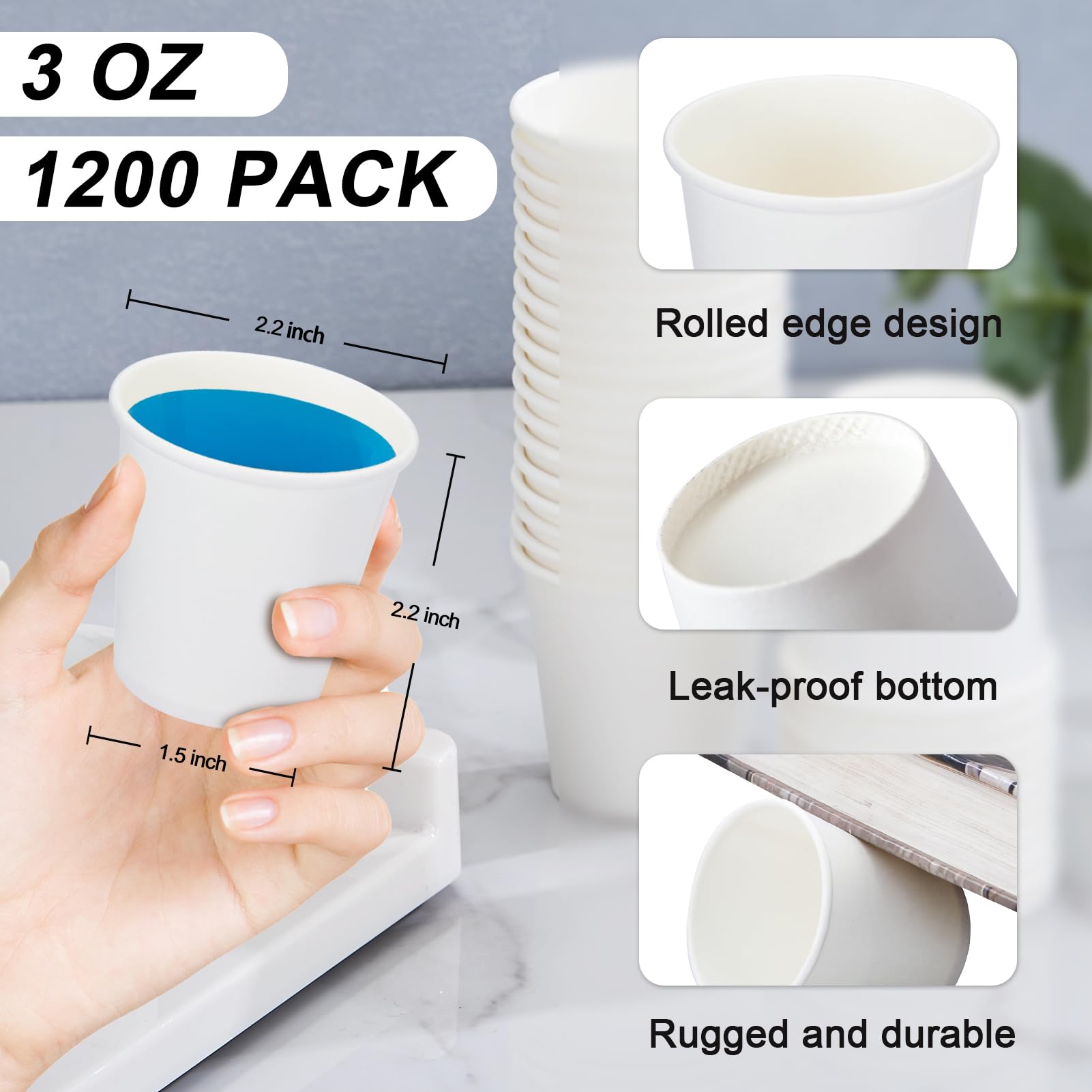 1200 Pack 3 oz Disposable Paper Cups - Small White Bathroom Mouthwash & Espresso Cups - Perfect for Parties, Picnics, Travel, Events & Home Use - Ideal for Coffee, Juice, Water & Dental Rinse