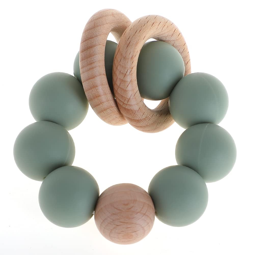 GUCHIGU BPA-Free Natural Wood & Silicone Baby Teething Ring - Safe Teether Toy for 6-12 Month Old Infants - Food Grade Wooden Chew Toy for Soothing Sore Gums (Green, 1-Pack) | Perfect for Home, Travel & Daycare Use