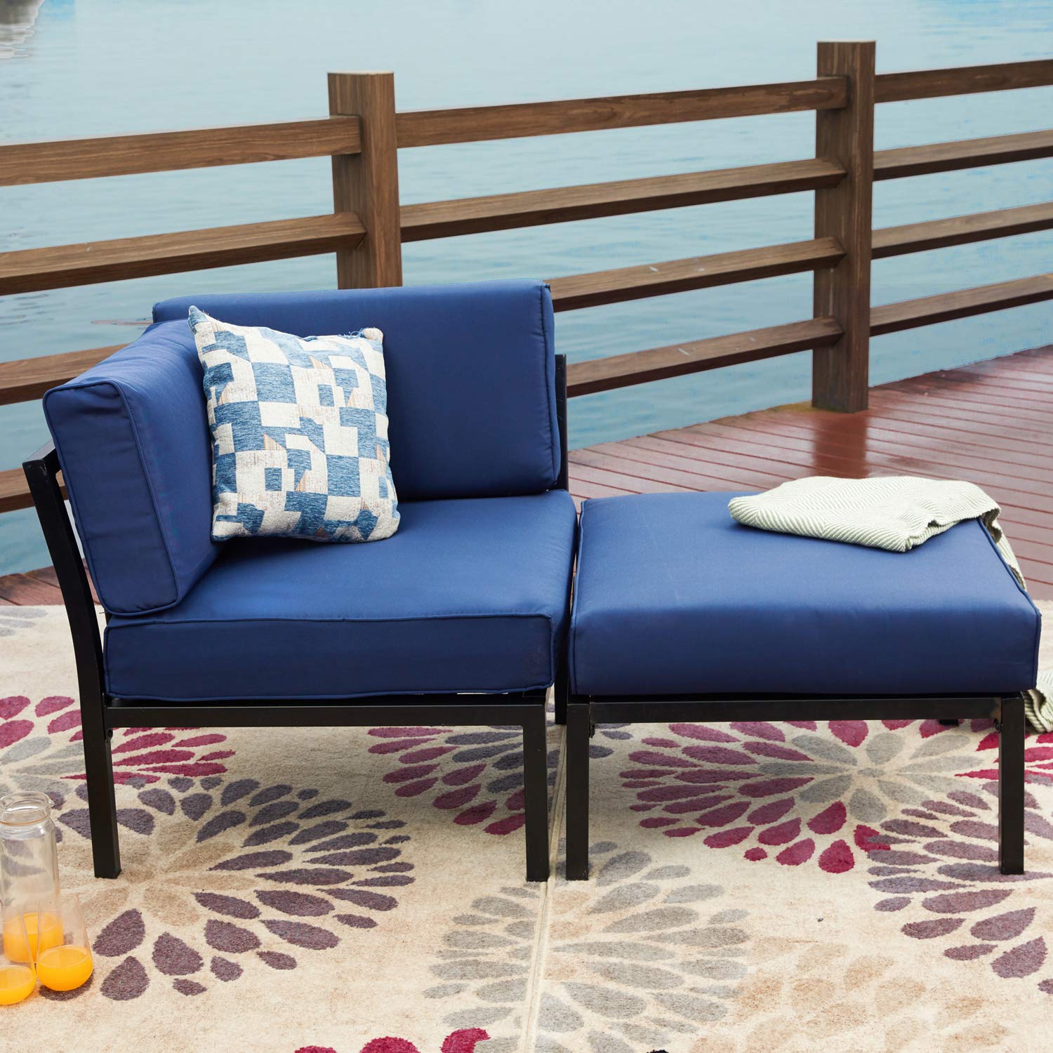 LOKATSE HOME 2-Piece Outdoor Patio Furniture Set - Blue Conversation Chairs with Corner Sofa & Ottoman - Waterproof Wicker Sectional Sofa for Garden, Backyard, Poolside & Balcony Relaxation