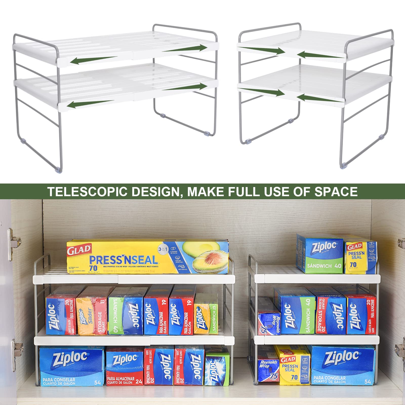 2 Pack Expandable Kitchen Wrap Organizer Rack - Adjustable Aluminum Foil & Plastic Wrap Holder for Pantry, Cabinet Storage (9.8-15.6