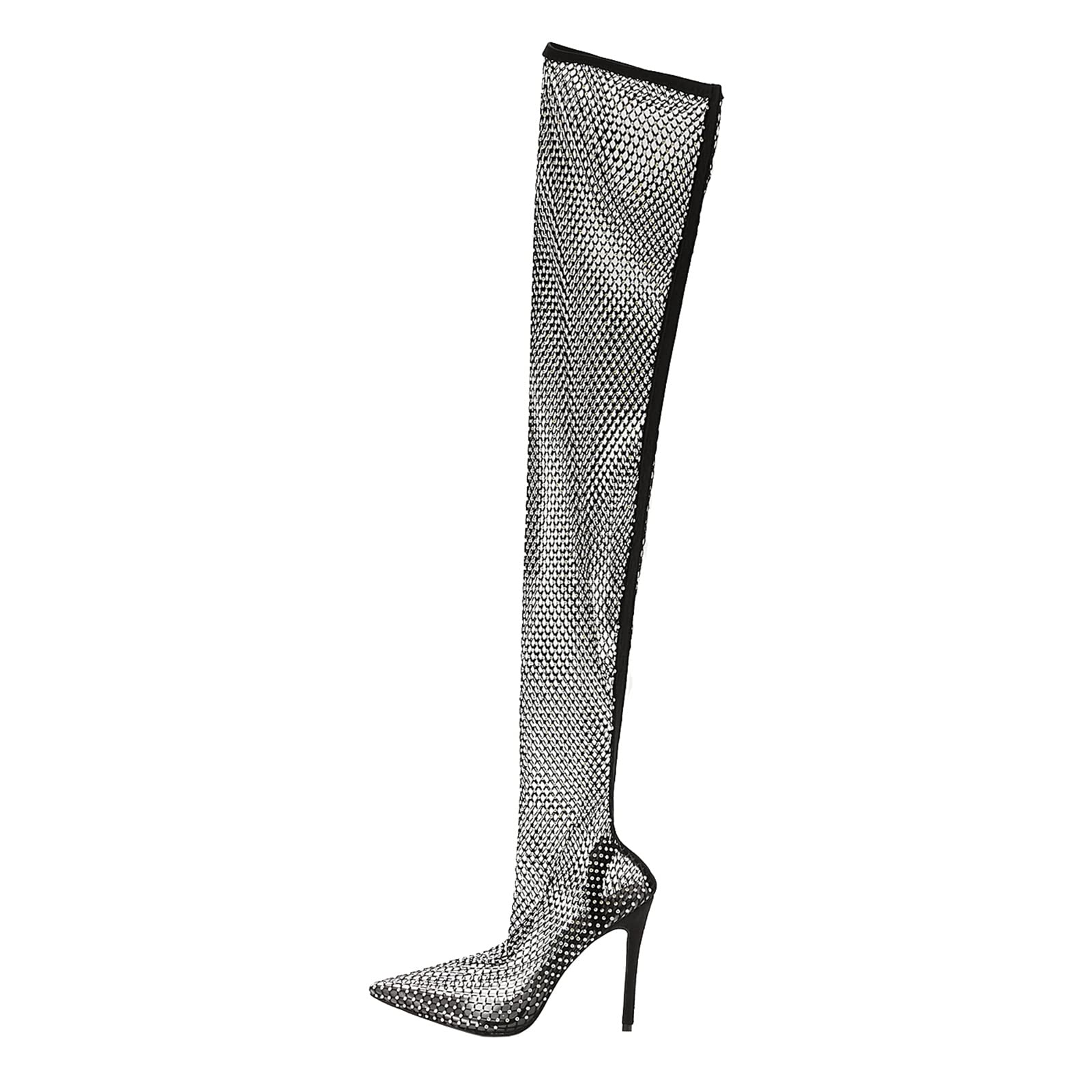 Elbslutt Women's Sparkly Stilettos Mesh Thigh High Boots - Pointed Toe Rhinestone High Heels Over The Knee Boots for Party, Club & Evening Wear