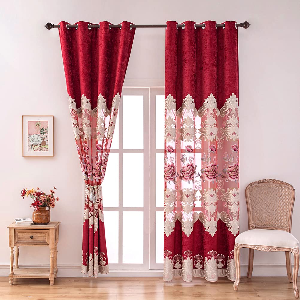 ELKCA Luxury Burgundy Red Chenille Floral Embroidered Curtains - Peony Design Grommet Top Window Drapes 52x84 Inches, 2 Panels for Bedroom, Living Room & Home Decor