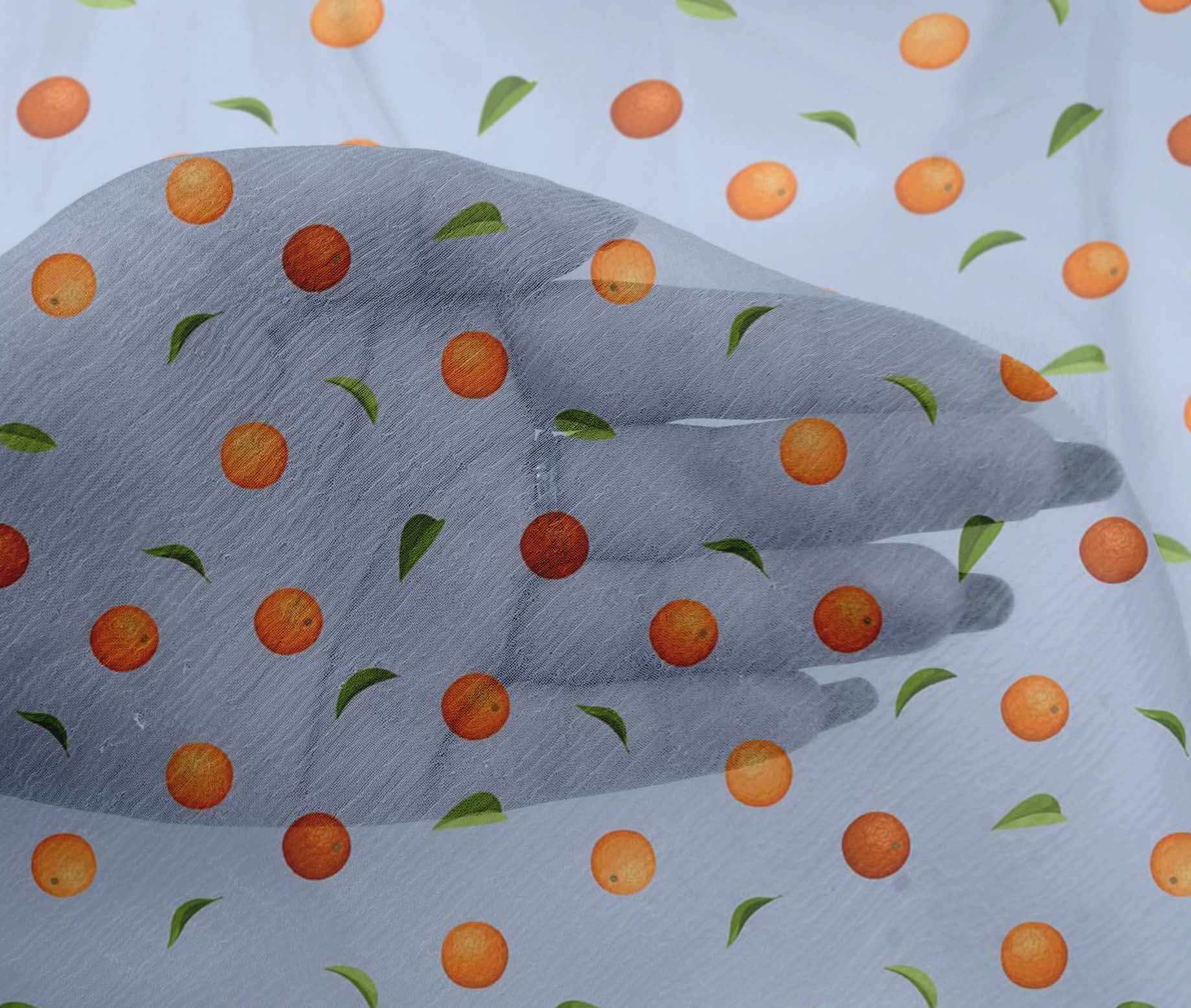 oneOone Viscose Chiffon Fabric - Leaves & Orange Fruit Print - 42 Inch Wide by the Yard | Perfect for Summer Dresses, Scarves & DIY Fashion Projects