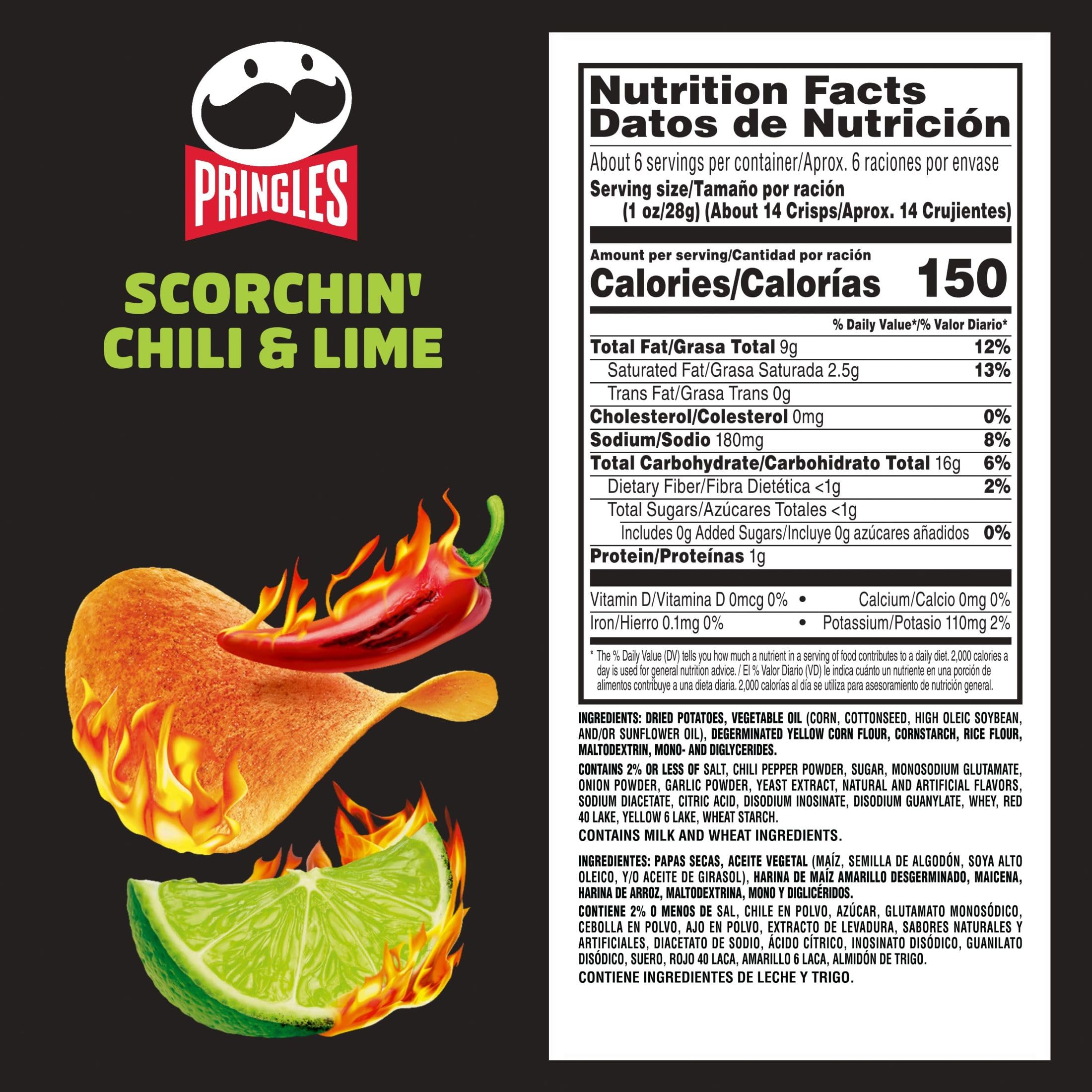 Pringles Scorchin' Chili & Lime Flavored Potato Crisps Chips - 5.5 Oz (2 Pack) with Free By The Cup Mints - Spicy Snacks for Parties, Road Trips & Movie Nights