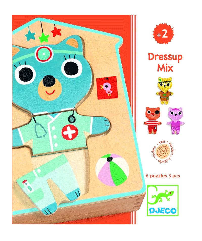 DJECO Dress Up Mix Cat Puzzle Box - Fun Wooden Animal Puzzle for Kids, Creative Play & Learning Toy - Perfect for Birthday Gifts & Family Game Nights