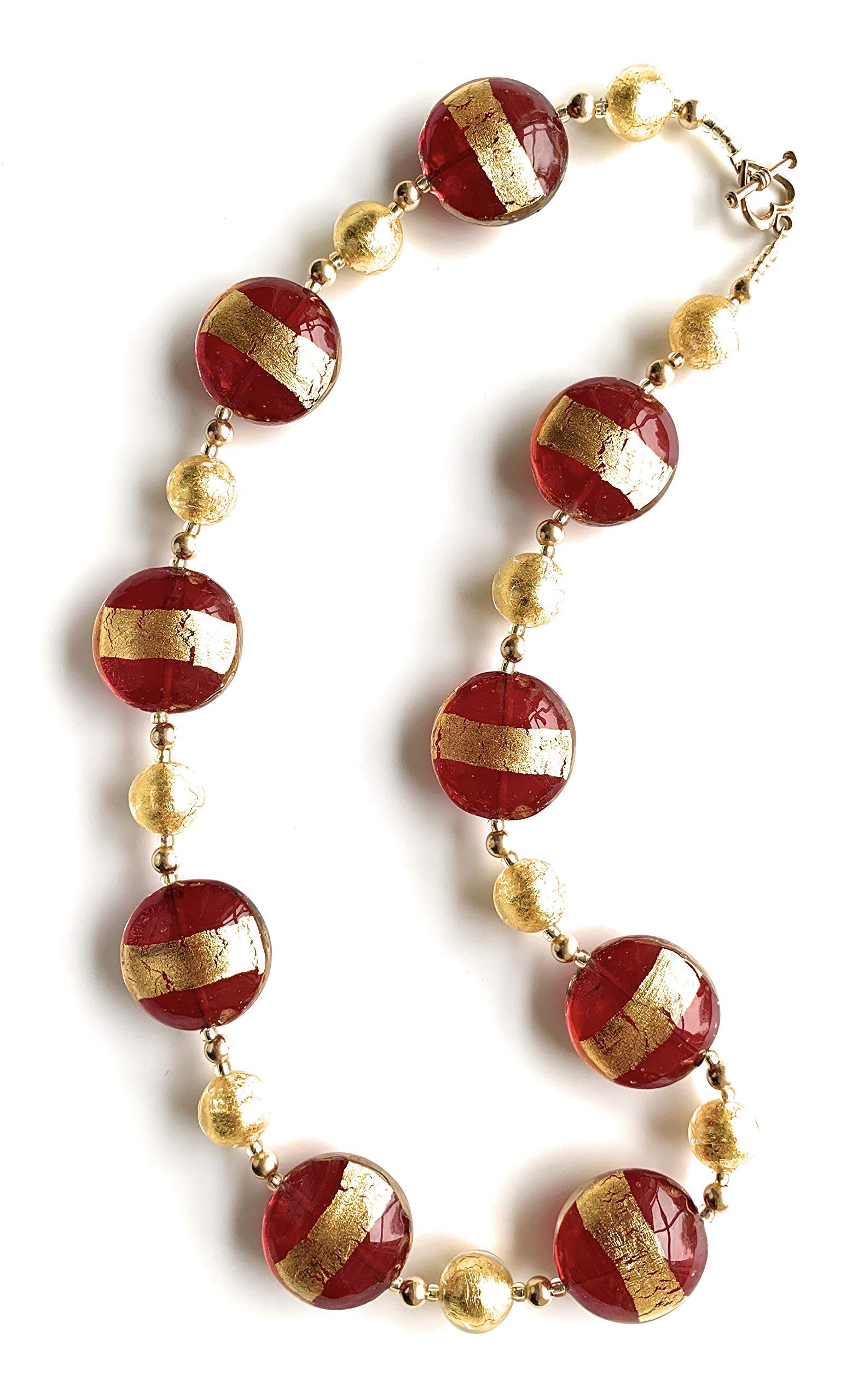 Elegant Diana Ingram Necklace with Red Translucent & Gold Murano Glass Beads - 22K Gold Vermeil Clasp for Women | Perfect for Weddings, Parties & Special Occasions