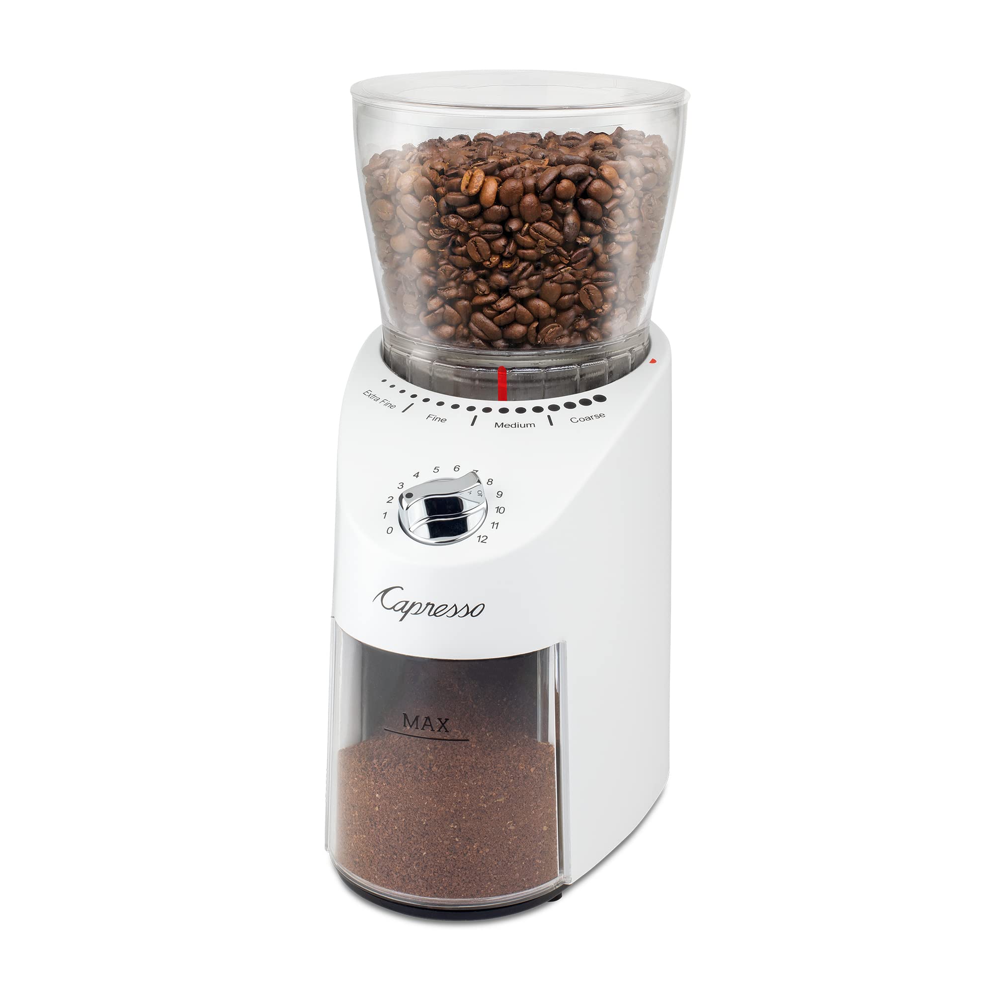 Capresso Infinity Plus Conical Burr Coffee Grinder - Premium Stainless Steel Burrs, Adjustable Grind Settings, White - Perfect for Espresso, French Press & Pour Over Coffee Brewing