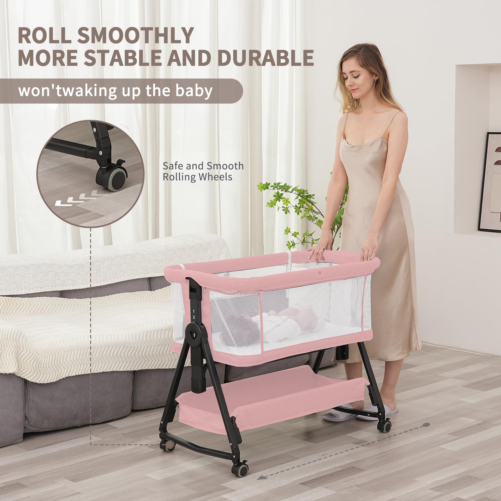3 in 1 Baby Bassinet with Storage Basket & Wheels - Adjustable Portable Crib for Newborns - Pink Bedside Sleeper with Easy Folding Design - Perfect for Nursery, Bedroom & Travel - Jestonten