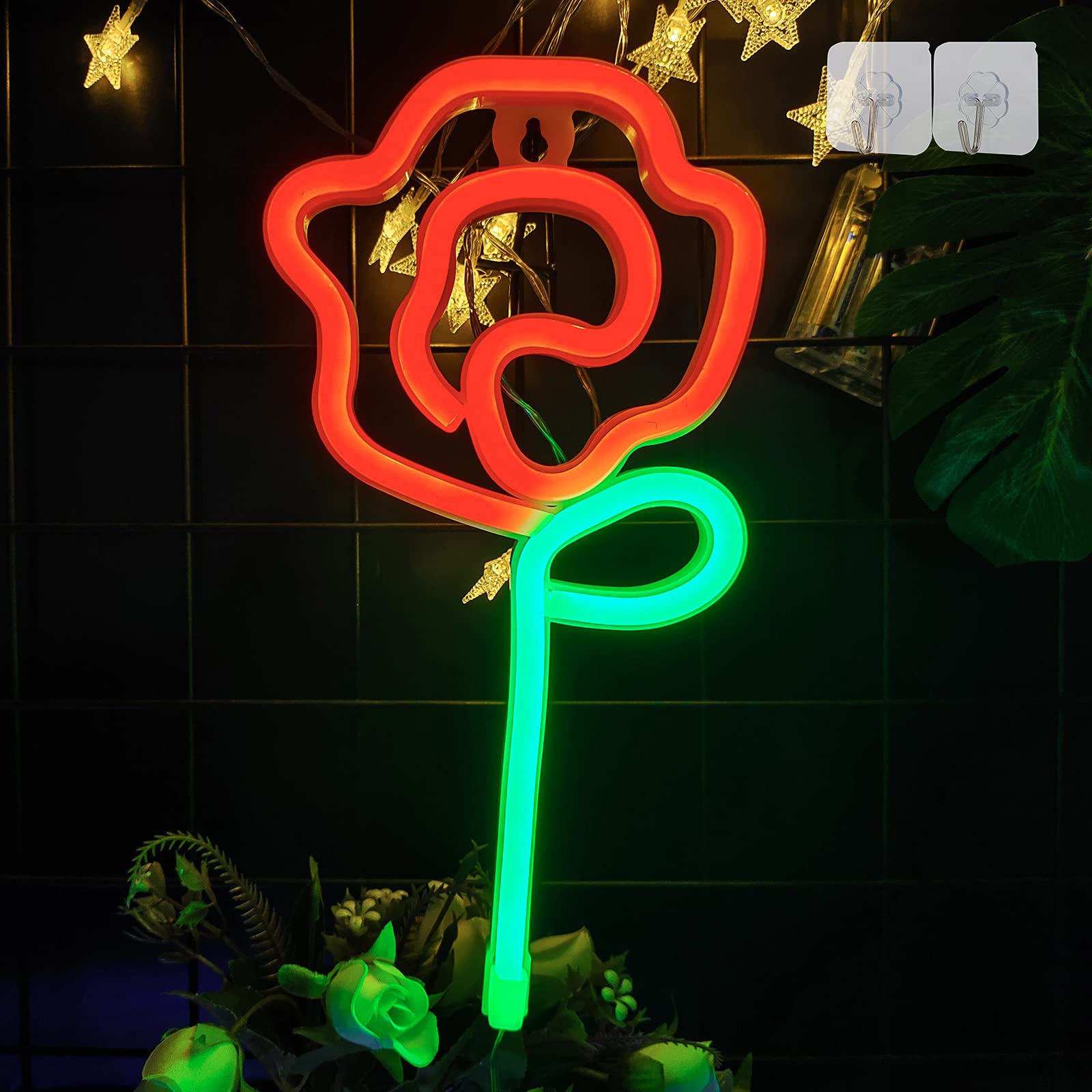 ENUOLI Rose Neon LED Sign - Red Rose Flower with Green Stem Wall Art, USB/Battery Powered Night Light for Bedroom, Bar, Wedding Decor - Perfect for Romantic Gifts, Party Lighting & Home Decoration