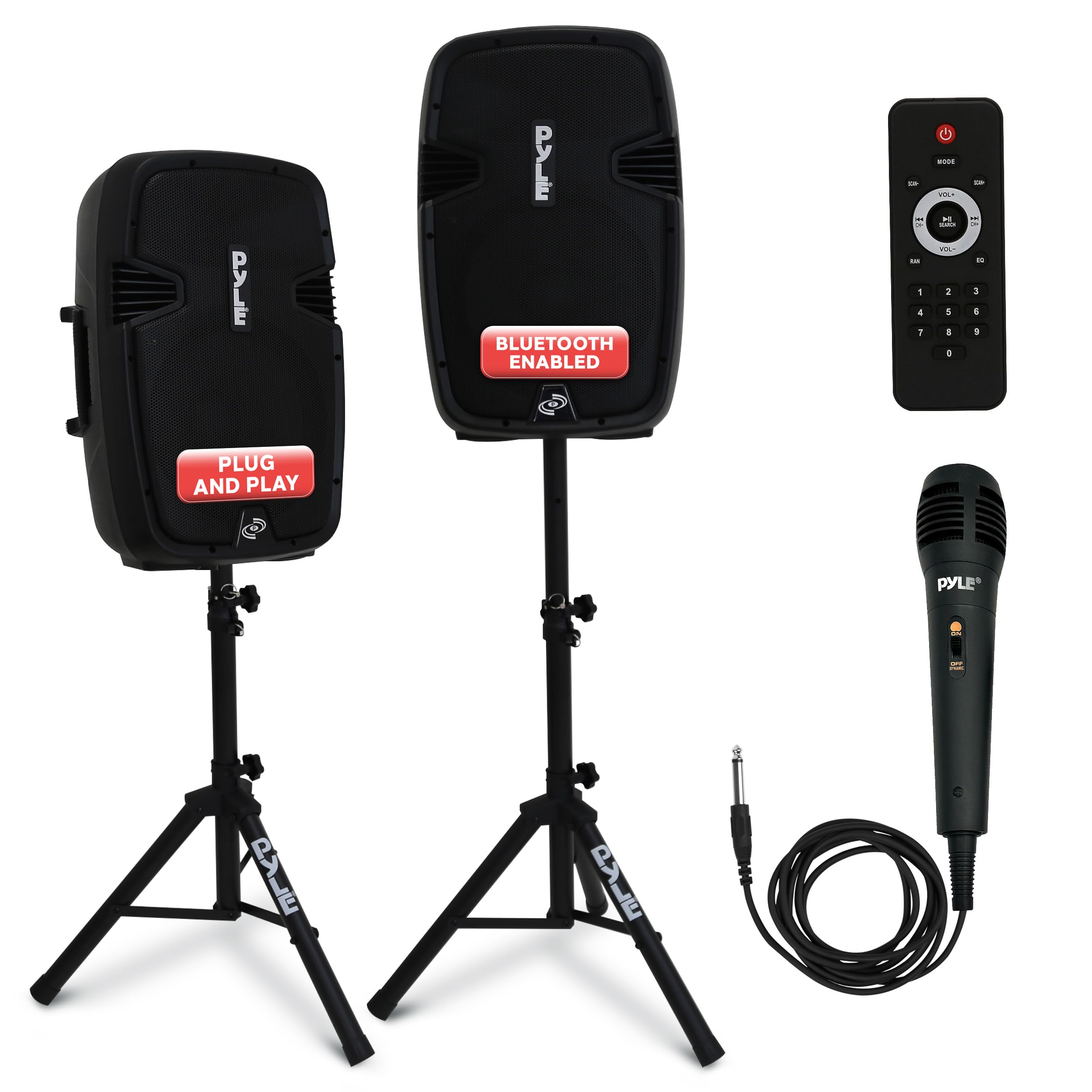 Pyle Wireless Portable PA System Kit - 1800W Peak Power Bluetooth Speaker System with Active & Passive Speakers, USB/SD/AUX/XLR/RCA Inputs, Includes 2 Stands, Wired Mic & Remote - Perfect for Outdoor Events, Parties, Weddings & Live Performances