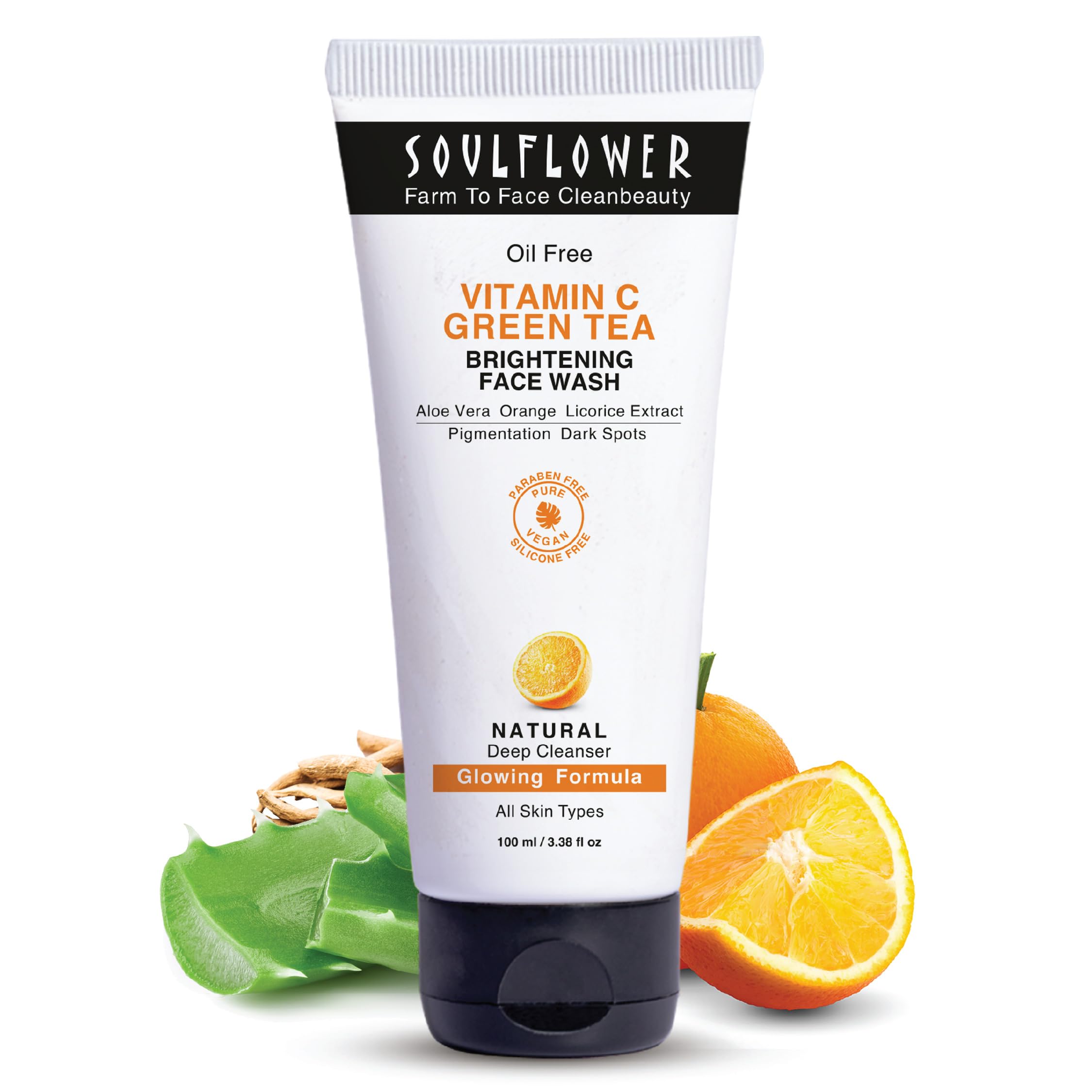 Soulflower Vitamin C Face Wash for Glowing Skin - Deep Cleansing Facial Cleanser with Green Tea, Aloe Vera, Orange & Licorice Extract | 100ml | For Men & Women | Brightening, Anti-Aging & Hydrating | Perfect for Daily Skincare Routine & Acne-Prone Skin