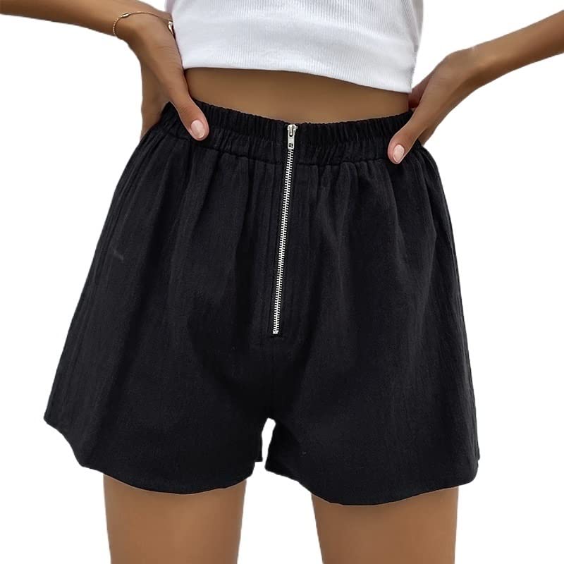 Women's Summer Black Shorts with Zipper - Lightweight & Stylish for Casual Wear, Travel & Outdoor Activities
