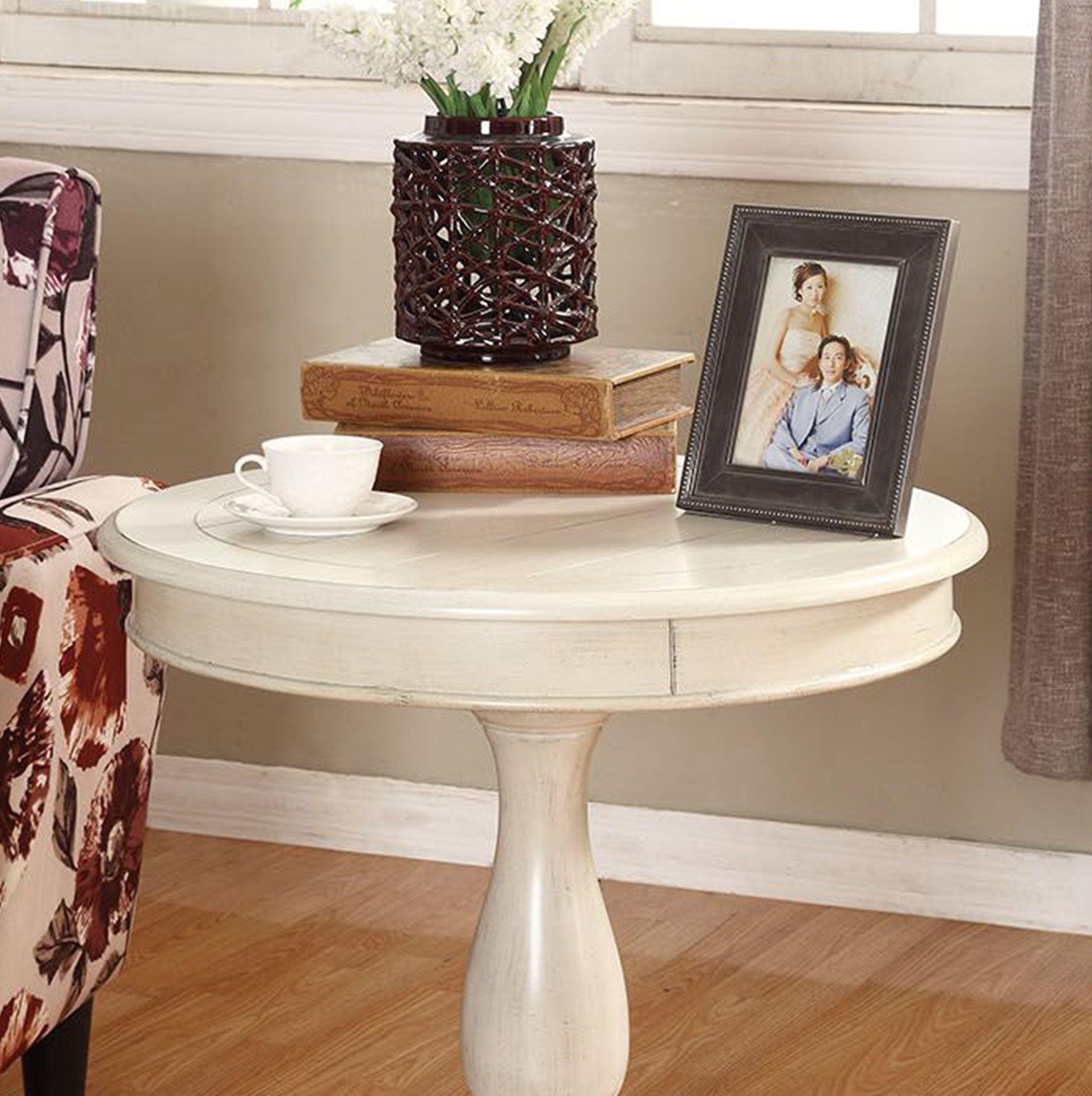 Roundhill Furniture Rene Round Wood Pedestal Side Table - Antique White Finish - Perfect for Living Room, Bedroom, or Office Accent Table