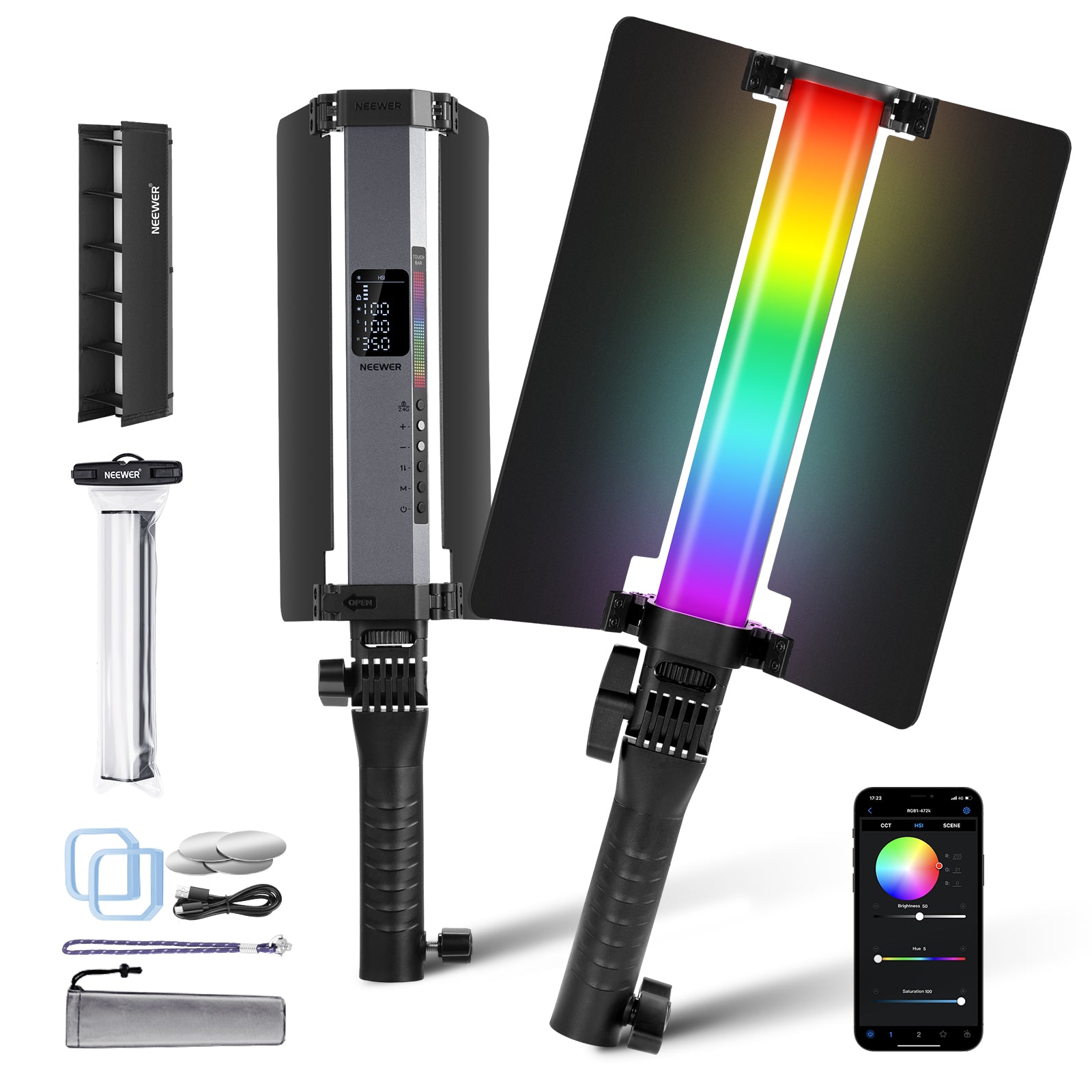 NEEWER RGB1 LED Tube Light Stick with Metal Barndoor Handle - Professional Photography & Video Lighting for YouTube, TikTok, Studio, and Live Streaming