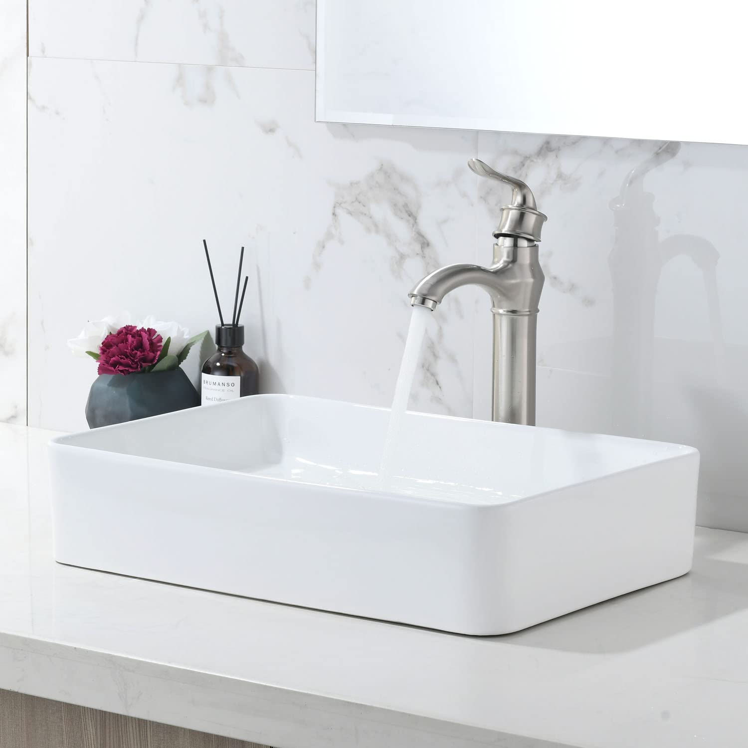 20x14 Inch Modern White Porcelain Ceramic Vessel Sink - Rectangular Above Counter Bathroom Vanity Sink with Art Basin | Perfect for Contemporary Bathrooms, Powder Rooms, and Luxury Home Decor (HLBLFY)