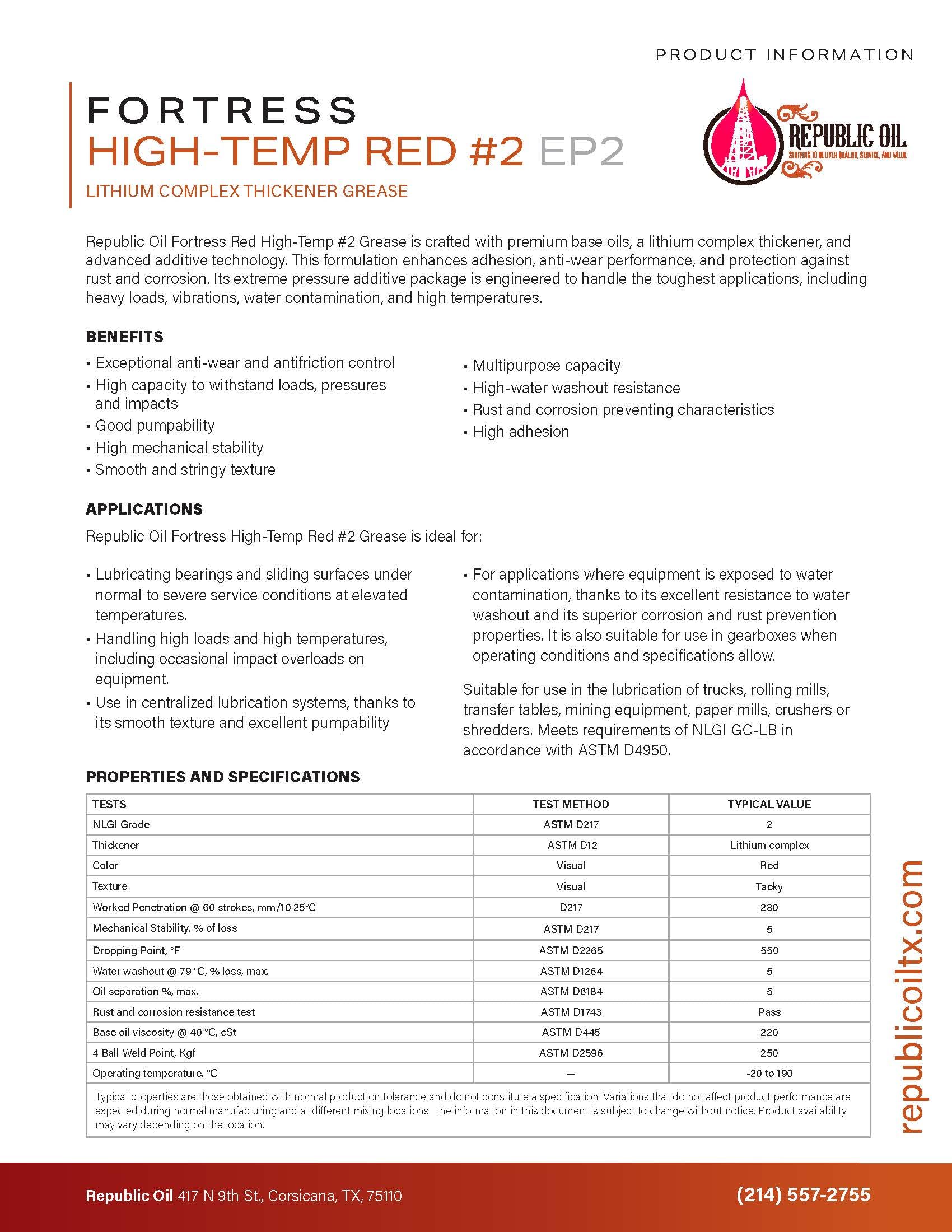 Republic Oil Red High Temp #2 Grease 35lb - Lithium Complex Multi-Purpose Lubricant for Chassis, Wheel Bearings, 5th Wheels | Extreme Pressure (EP2) | Tacky Formula for Agriculture & Construction Equipment | Heavy-Duty Industrial Use